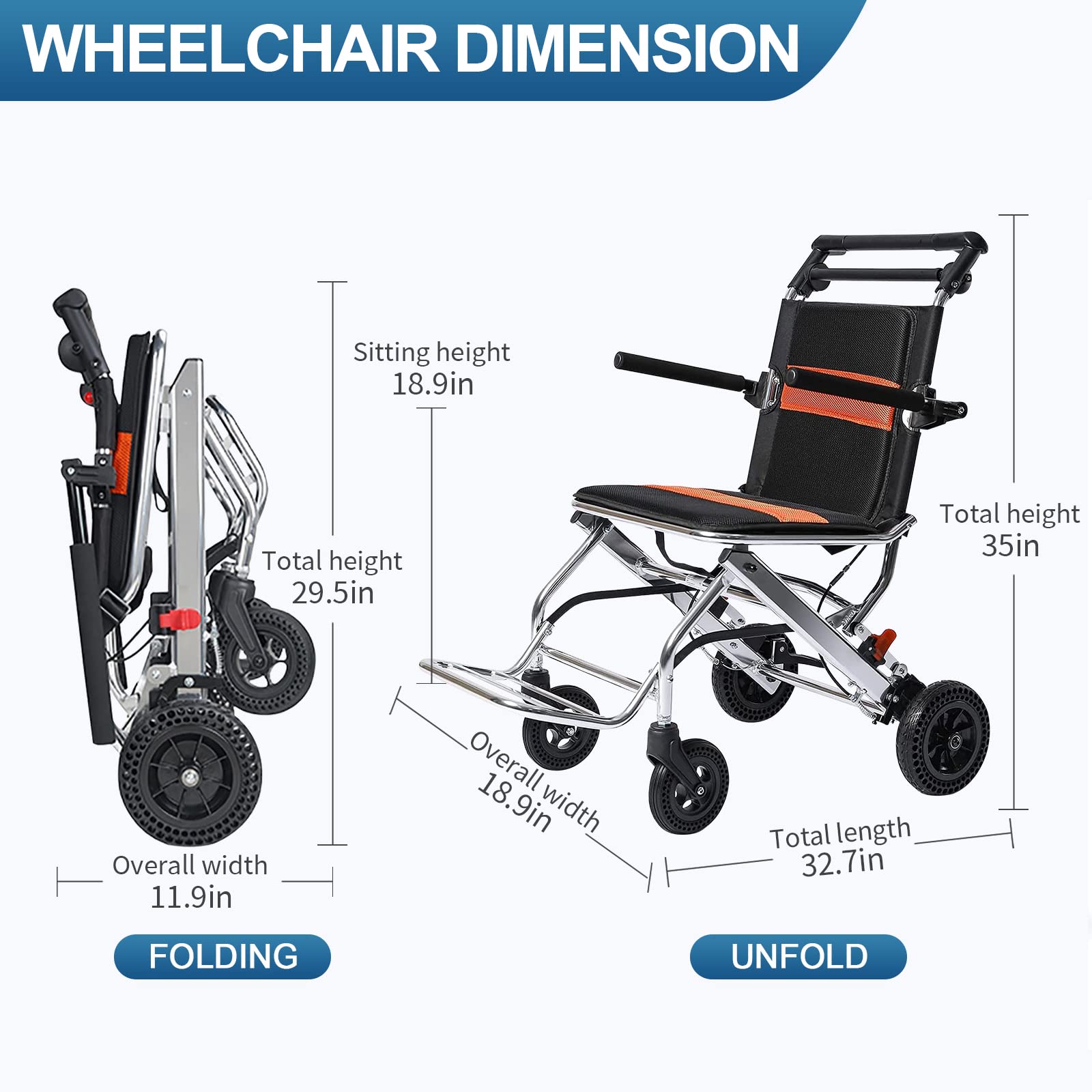 XJKH Ultra Lightweight Folding Wheelchair for Adults & Elderly - Portable Travel Wheelchair with Easy Storage - Ideal for Airplane Travel, Outdoor Activities & Daily Mobility