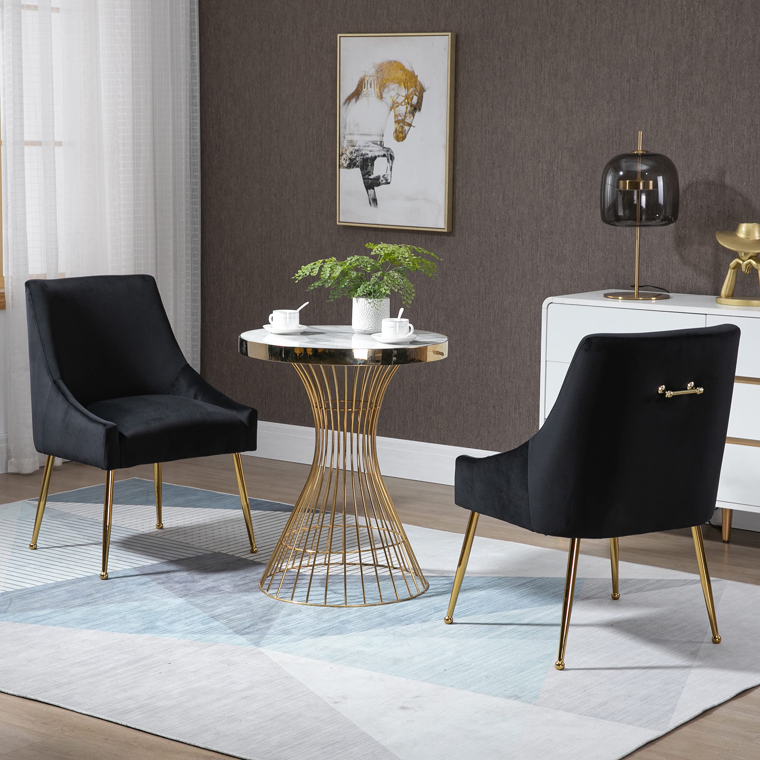 Luxury Velvet Upholstered Dining Chairs Set of 2 - Mid Century Modern Kitchen Chairs with Brass Legs for Dining Room & Living Room - Elegant Black Velvet Fabric Cover - Perfect for Home Decor, Restaurant, and Office Use