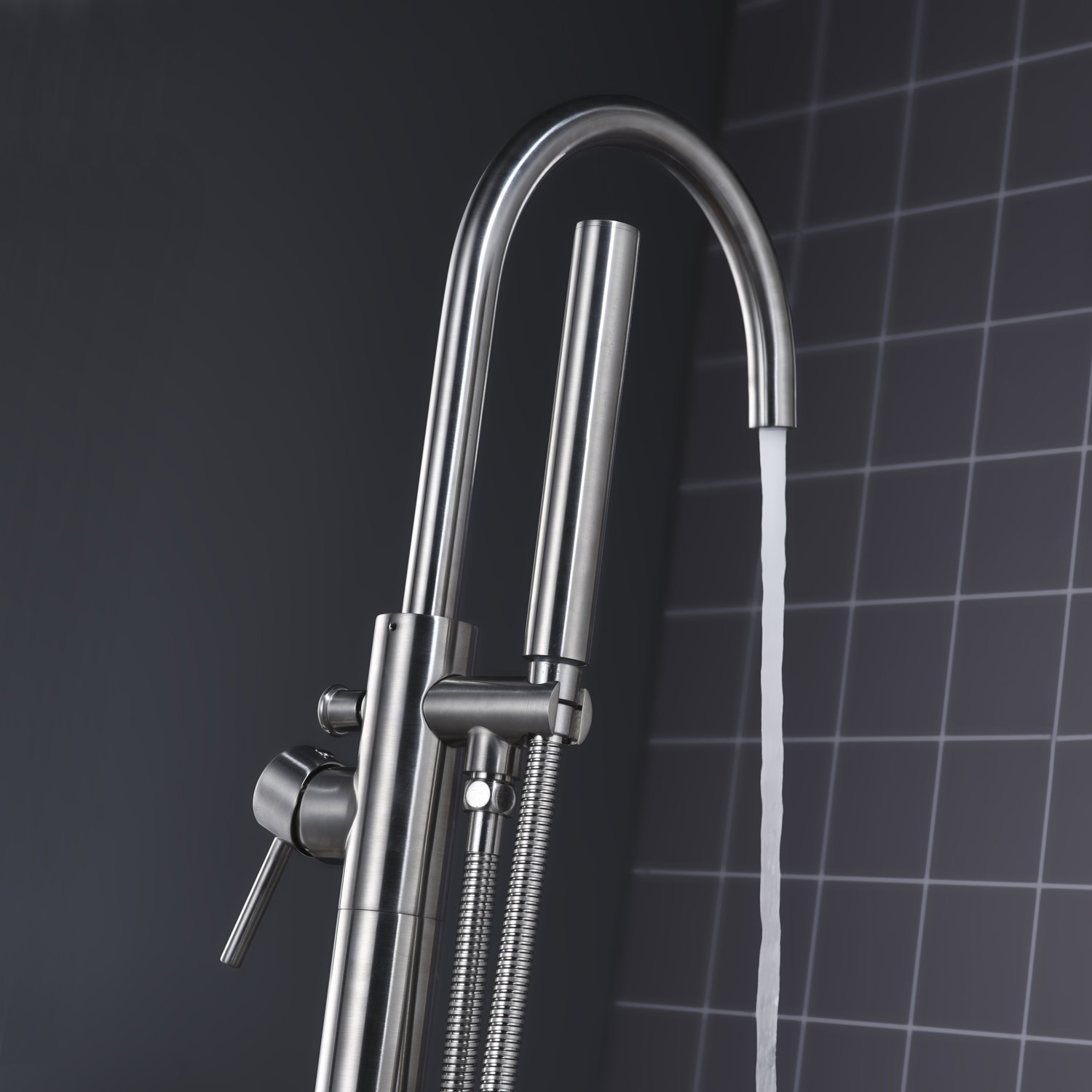 Freestanding Bathtub Faucet with Hand Shower - Brushed Nickel Floor Mount Single Handle Brass Tub Filler for Modern Bathroom | Perfect for Spa-Like Relaxation & Luxury Bathing Experience