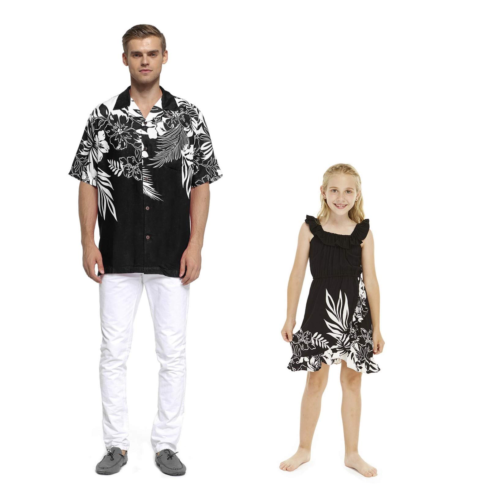 Hawaiian Luau Matching Outfit for Men & Women - Floral Aloha Shirt & Wrap Dress Set in Indri Pink | Tropical Beach Party, Summer Vacation, Couple Photoshoot