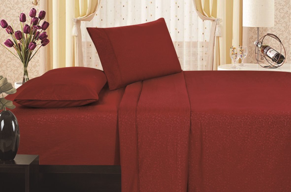1800 Series Queen Size 4-Piece Vine Embossed Sheet Set - Burgundy Red Luxury Bedding for Master Bedroom & Guest Room