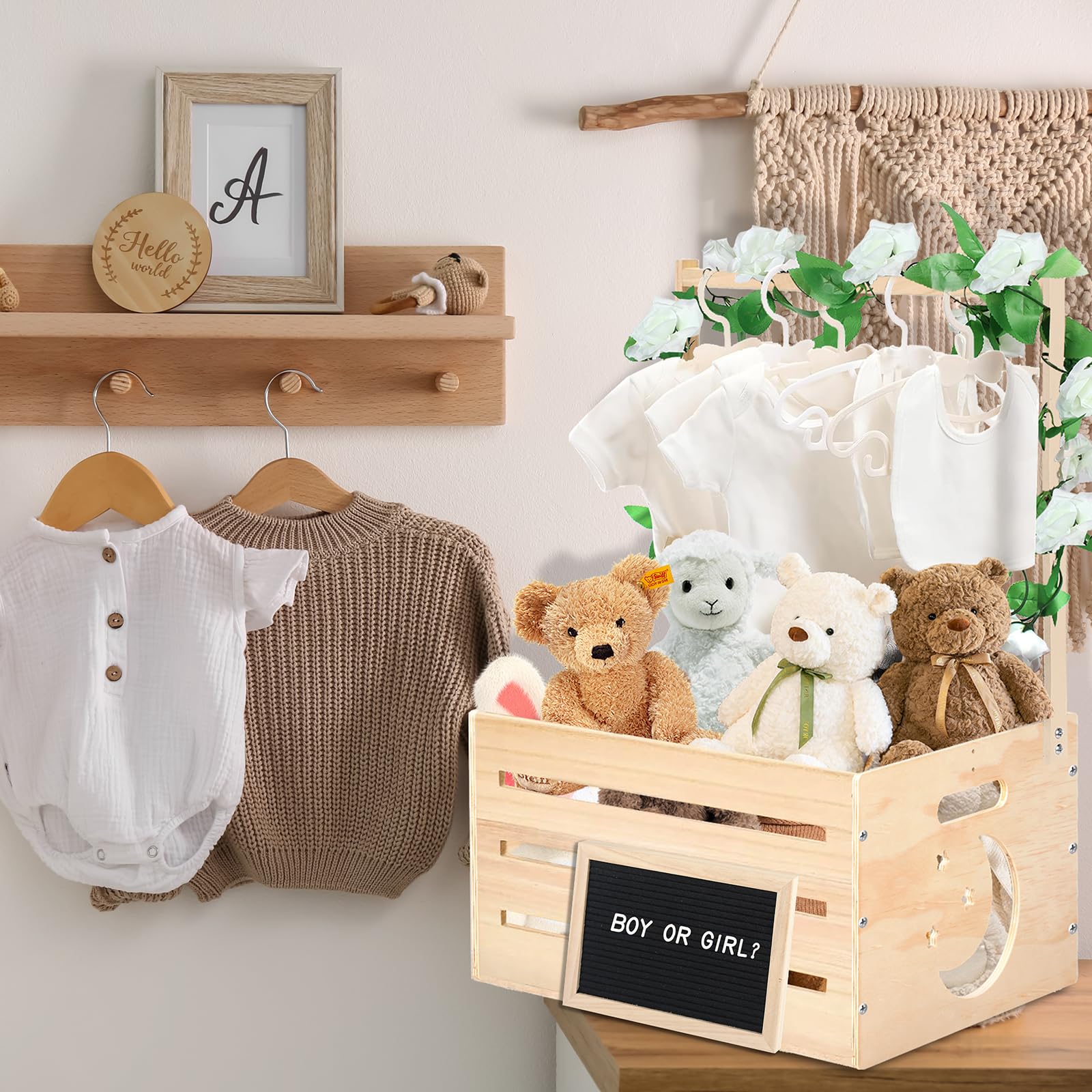 Wooden Baby Shower Gift Basket with Handle - DIY Felt Blackboard Storage Crate & Hamper for Newborn - Perfect for Baby Shower Decor, Pregnancy Gifts & New Parent Essentials - Nursery Organization & Party Decorations