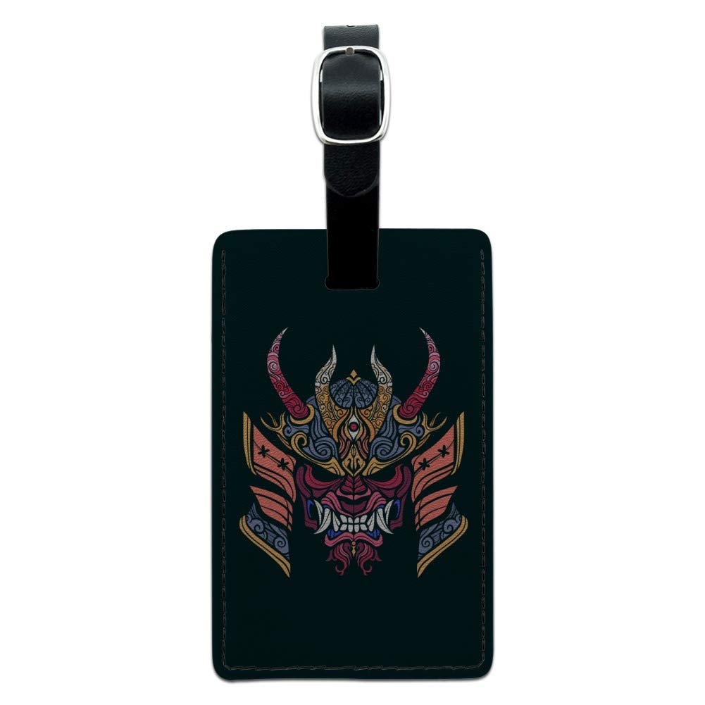 Japanese Samurai Oni Demon Mask Leather Luggage Tag - Unique Rectangle ID Card Holder for Travel Bags, Suitcases & Backpacks - Perfect for Anime Fans, Cosplay & Halloween Costumes