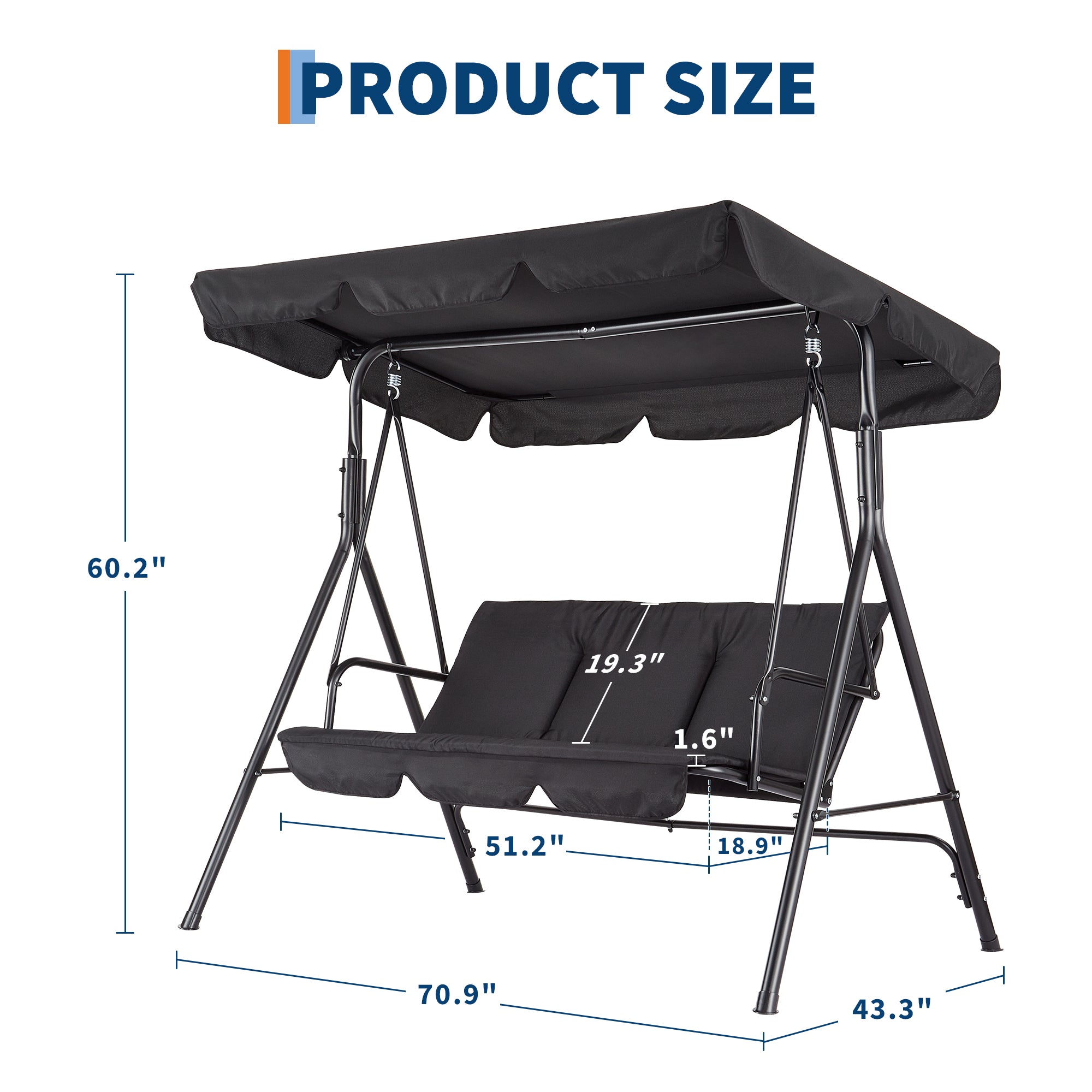 GARVEE 3-Person Outdoor Patio Swing Chair with Adjustable Tilt Canopy - Convertible Hanging Glider Lounge for Porch, Backyard & Garden - Weather-Resistant Black Steel Frame - Perfect for Relaxing, Reading & Outdoor Entertaining