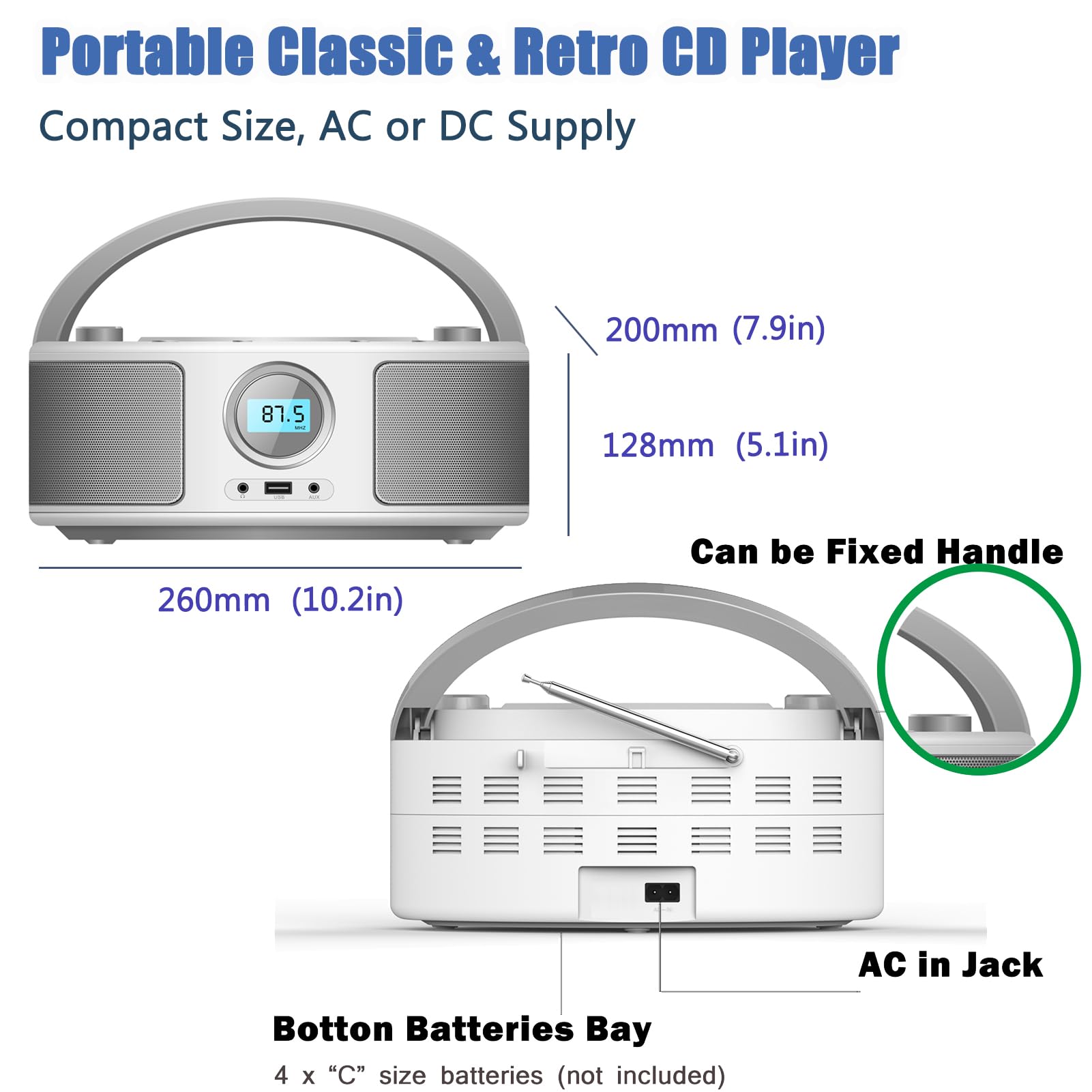 Portable CD Player Boombox with Bluetooth, FM Radio & Remote Control - USB/AUX Input, CD-R/CD-RW/MP3/WMA Playback, AC/Battery Powered (WTB-791) - Perfect for Home, Office, Travel & Outdoor Use