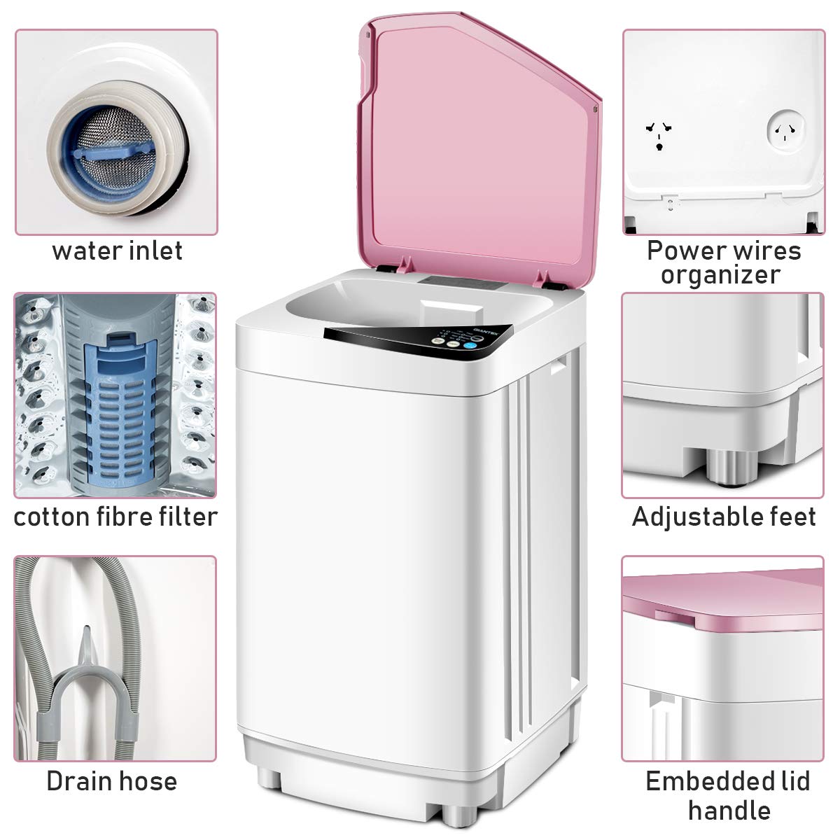 SAFEPLUS Full-Automatic Portable Washing Machine 7.7 lbs Capacity with Spin Dryer & Built-in Light - Compact Laundry Solution for Dorms, Apartments, RVs, Camping & Travel - Pink