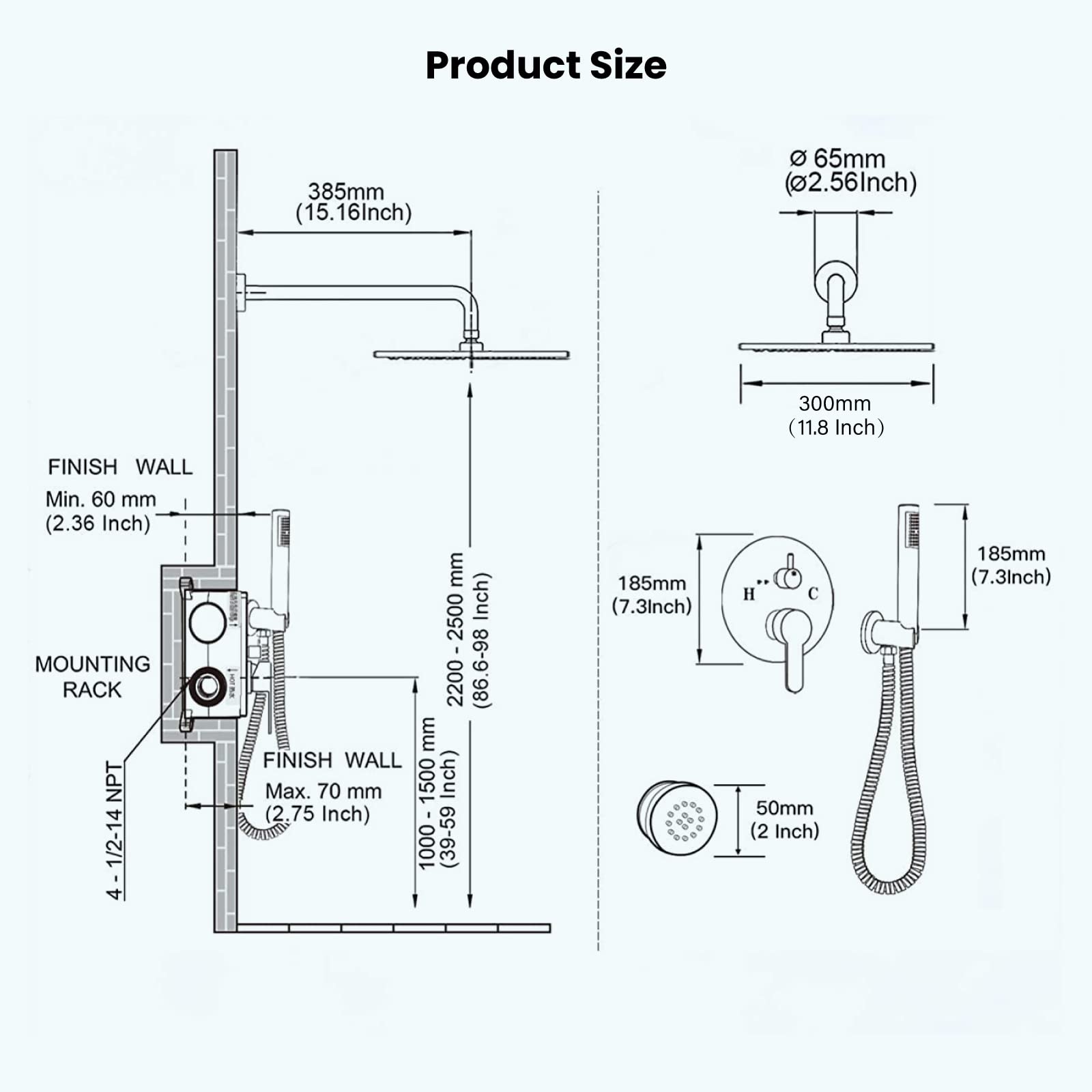 Gotonovo 12-Inch Round Rainfall Shower Faucet Set with 6 Body Jets - Matte Black Wall Mounted Luxury Shower Combo (Includes Rain Shower Head, Handheld Spray & Rough-in Valve) - Perfect for Spa-Like Bathroom Renovations & Modern Home Upgrades