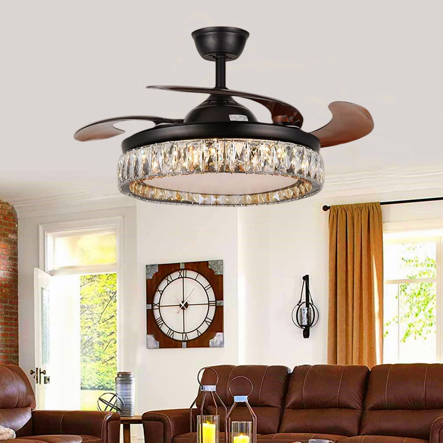 RuiWing 42 Inch Modern Crystal Ceiling Fan with Light - Retractable Blades, 6 Speed Remote Control, Reversible Function & 3 Color Lighting - Black Chandelier Fan for Living Room, Bedroom, Dining Room & Indoor Spaces