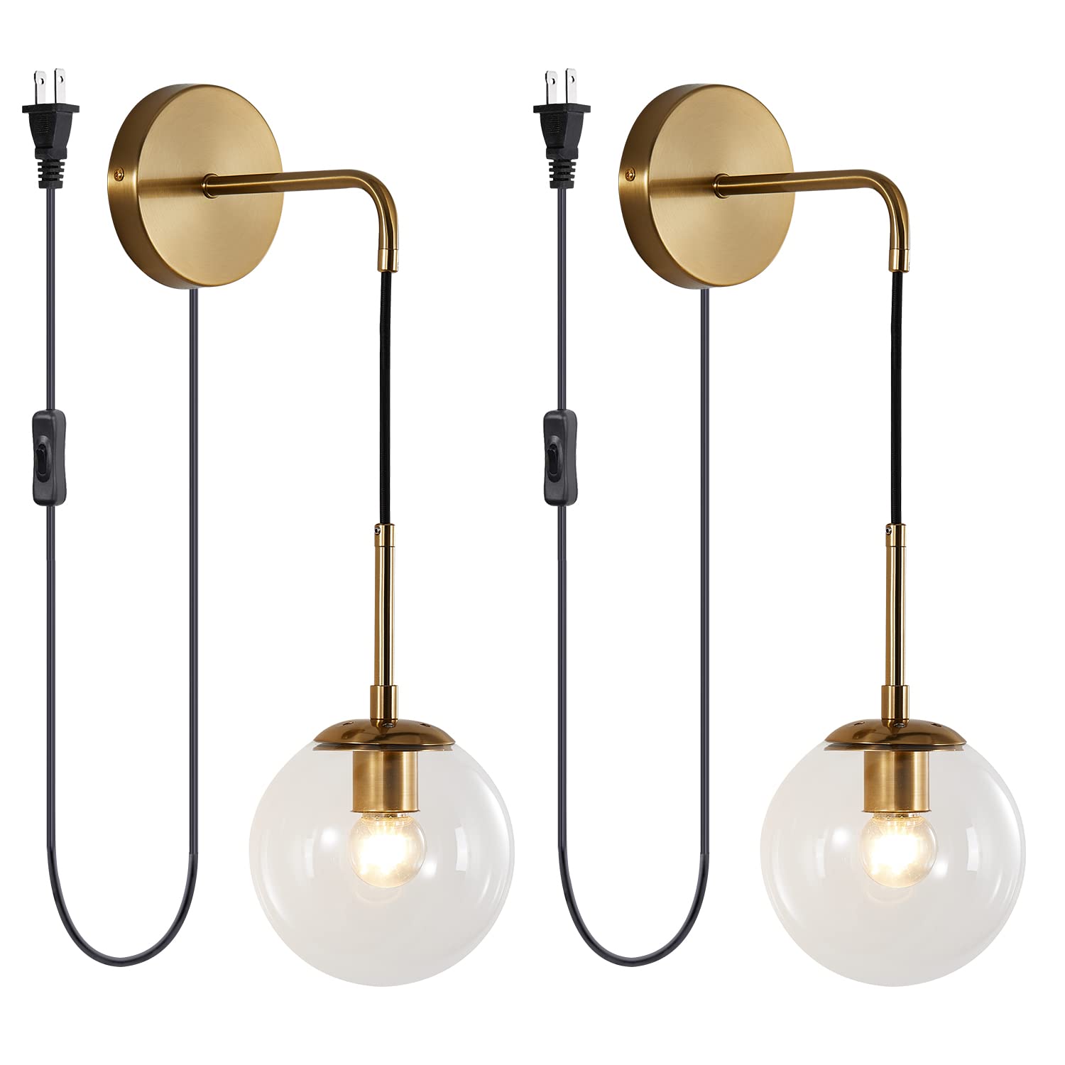 KCO Modern Globe Wall Sconce Plug-in Industrial Vintage Wall Lamp with On/Off Switch - Minimalist 1-Light Mounted Fixture for Bedroom, Living Room & Hallway - Clear Glass 2-Pack Set - Perfect for Ambient Lighting in Apartments, Dorms and Entryways