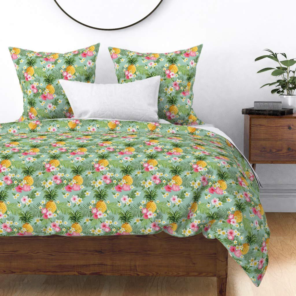Custom Spoonflower Cotton Sateen Duvet Cover King/California King - Tropical Pineapple Hawaiian Fruit Island Hibiscus Plumeria Green Yellow Vintage Bohemian Print Bedding Set | Perfect for Beach House, Vacation Rental & Boho Chic Bedroom Decor