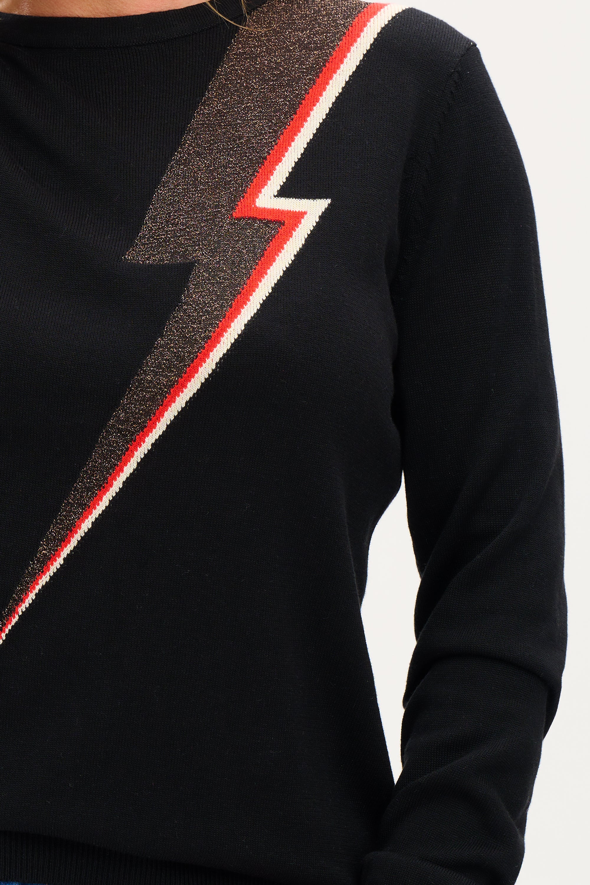Astrid Jumper Sweater - Women's Black Knit Top with Bronze Lightning Bolt Design | Casual Wear, Office Outfit, Fall Fashion