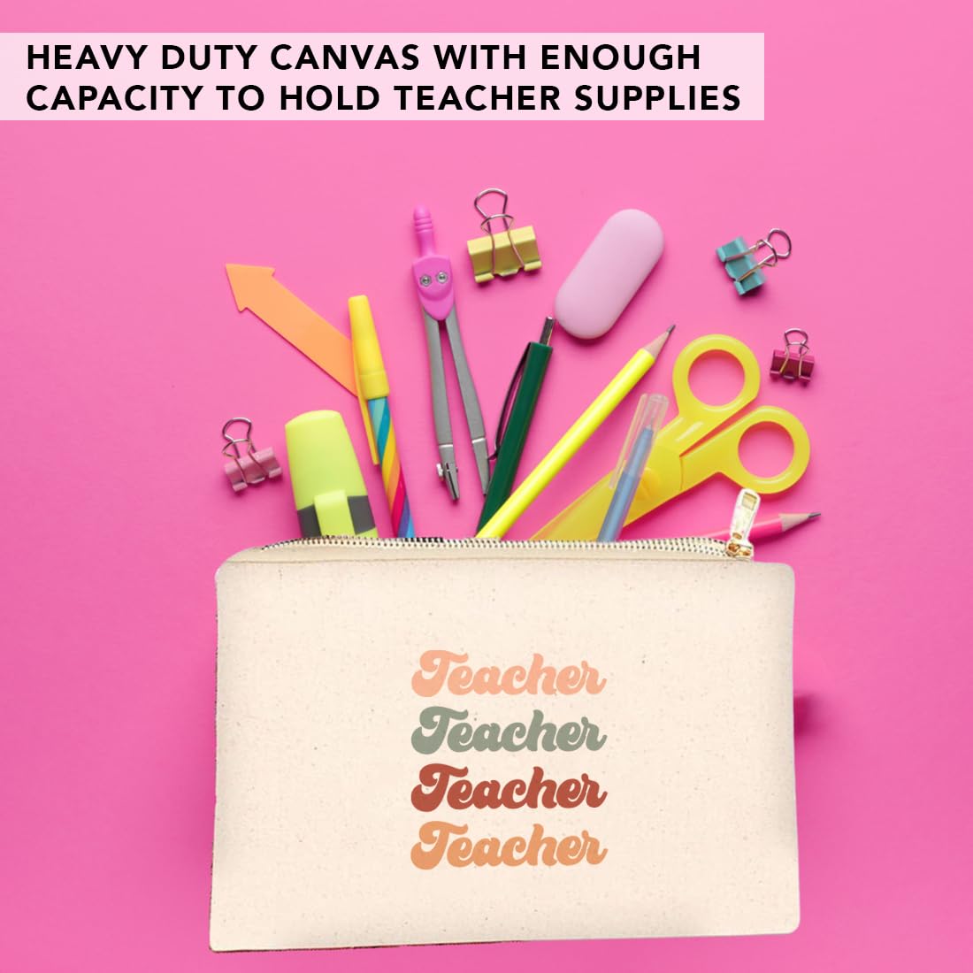 **Andaz Press Teacher Appreciation Cosmetic Bag - Boho Aesthetic Canvas Makeup Pouch for Women, Travel & Daily Use - Perfect Teacher Gift (9x6.5 Inches, 1-Pack)**    *(Use Case: Ideal for storing makeup, toiletries, stationery, or small essentials – great for teachers, travel, gym, or everyday organization.)*