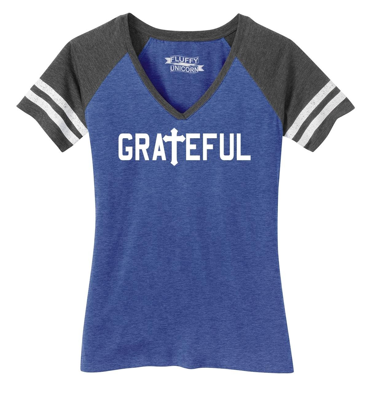 Funny Christian T-Shirt for Women - Grateful Religious V-Neck Tee with Cross & Jesus Design - Perfect for Church, Bible Study & Faith-Based Events