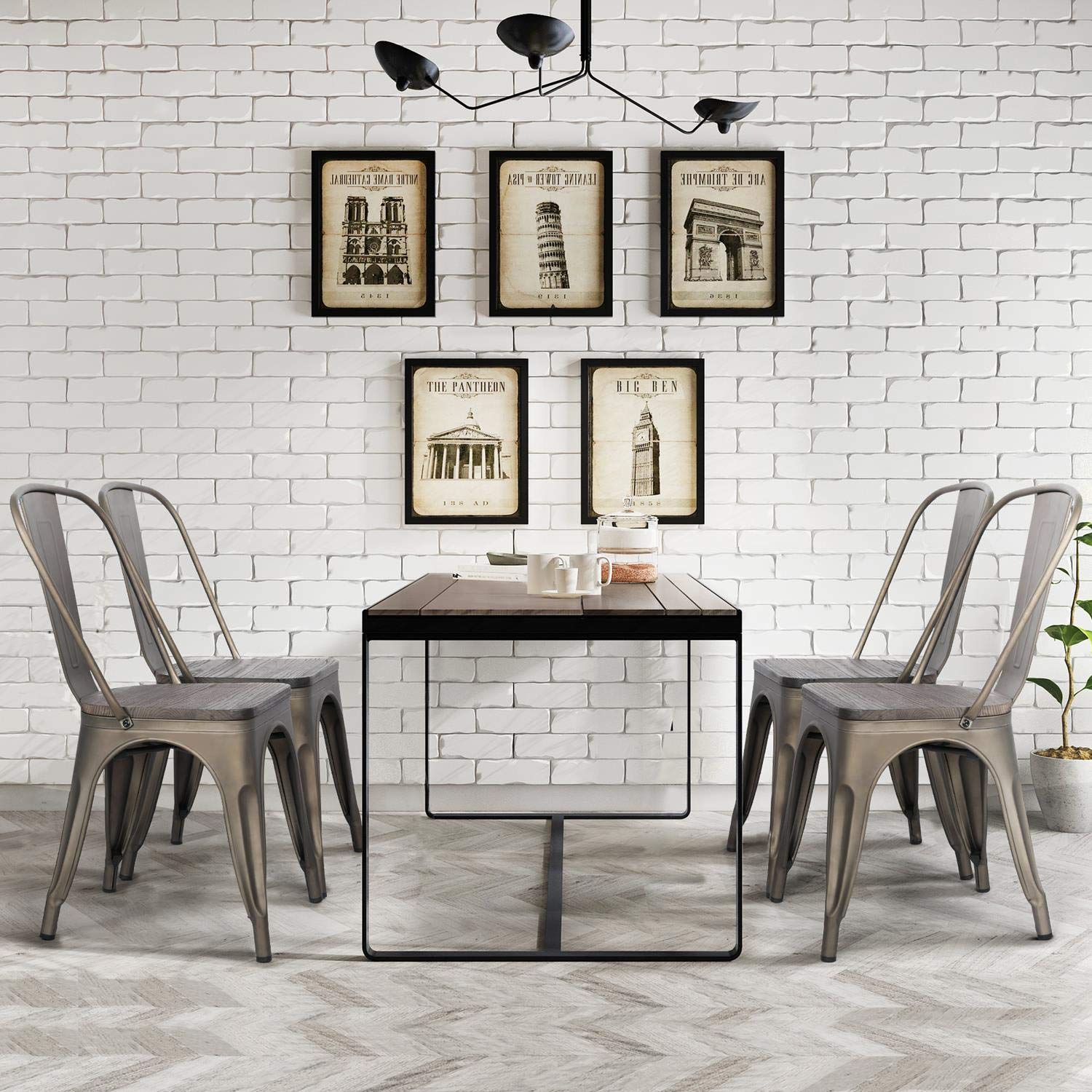Topeakmart 4-Pack Metal Dining Chairs with Wood Seat - Stackable Indoor Outdoor Chairs for Kitchen, Patio, Restaurant & Office - Industrial Style Side Chairs with Back Support