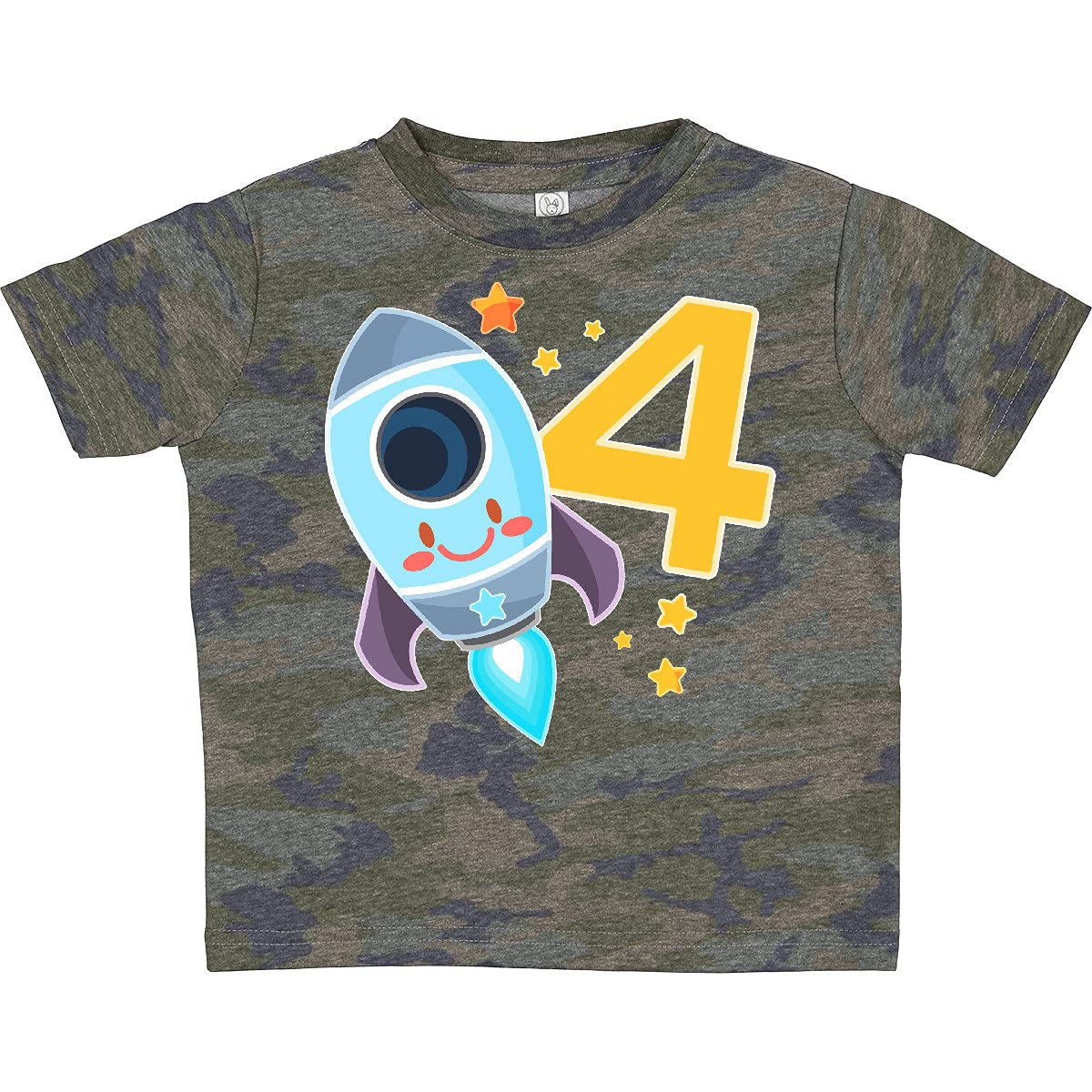 Inktastic Rocket Space Ship Happy 4th Birthday Toddler T-Shirt - Cute Astronaut Themed Outfit for Boys & Girls Birthday Party, Space Adventure Costume, Fun Kids Gift Idea