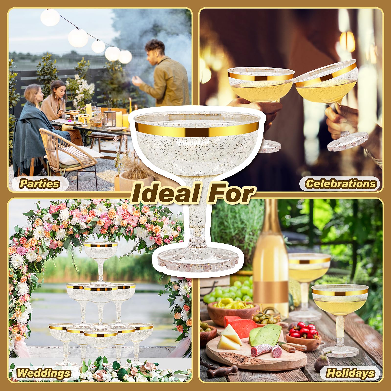 50 Pcs 5 oz Gold Plastic Champagne Coupe Glasses - Unbreakable Acrylic Martini Glasses for Parties, Weddings & Events - Disposable & Elegant Drinkware for Celebrations, Cocktail Receptions & Toasts