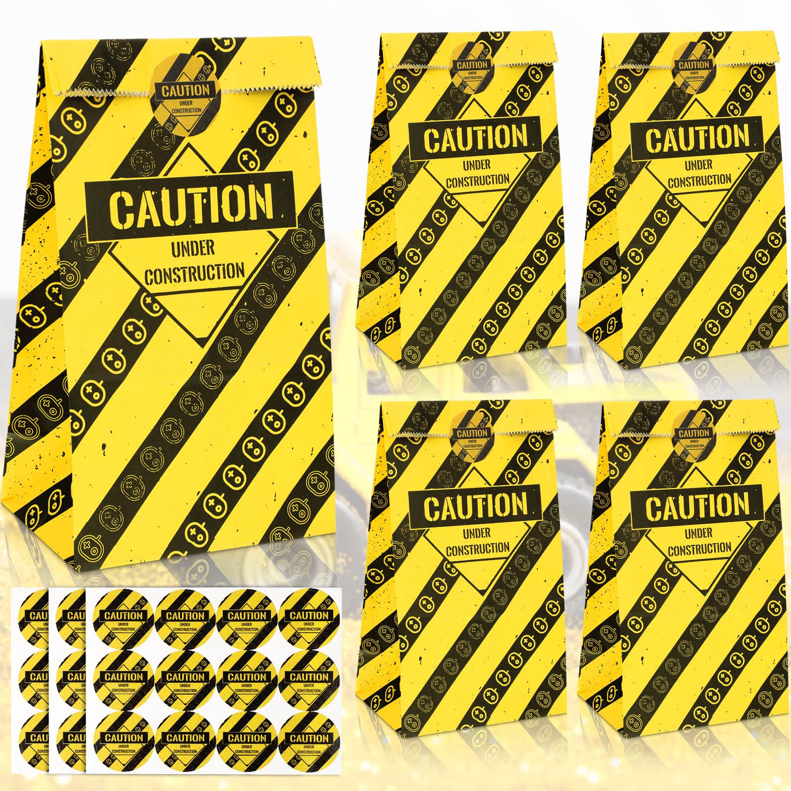 30 Pcs Construction Party Favor Bags with Caution Stickers - Truck Themed Treat Bags for Candy, Goodies & Party Supplies | Perfect for Construction Birthday Parties, Baby Showers & Themed Decorations
