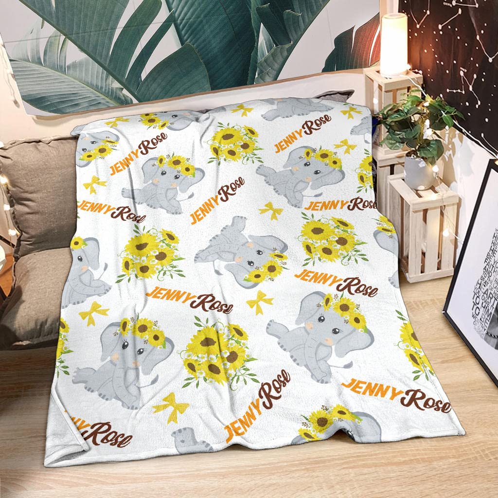 Personalized Sunflower Baby Elephant Blanket with Custom Name - Soft Nursery Blanket for Girls and Boys - Cute Elephant Design for Baby Shower, Newborn Gift, or Nursery Decor