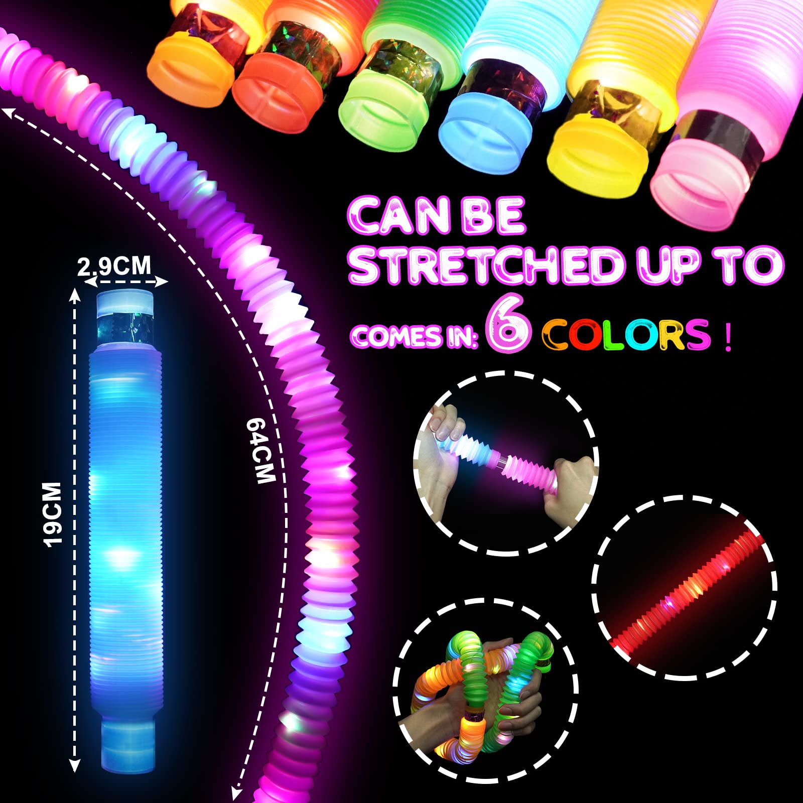**6 Pack LED Light Up Pop Tubes Fidget Toys for Kids - Sensory Toys, Glow in The Dark Stress Relief Toys for Toddlers & Adults - Perfect for Party Favors, Stocking Stuffers, Classroom Prizes & Anxiety Relief**