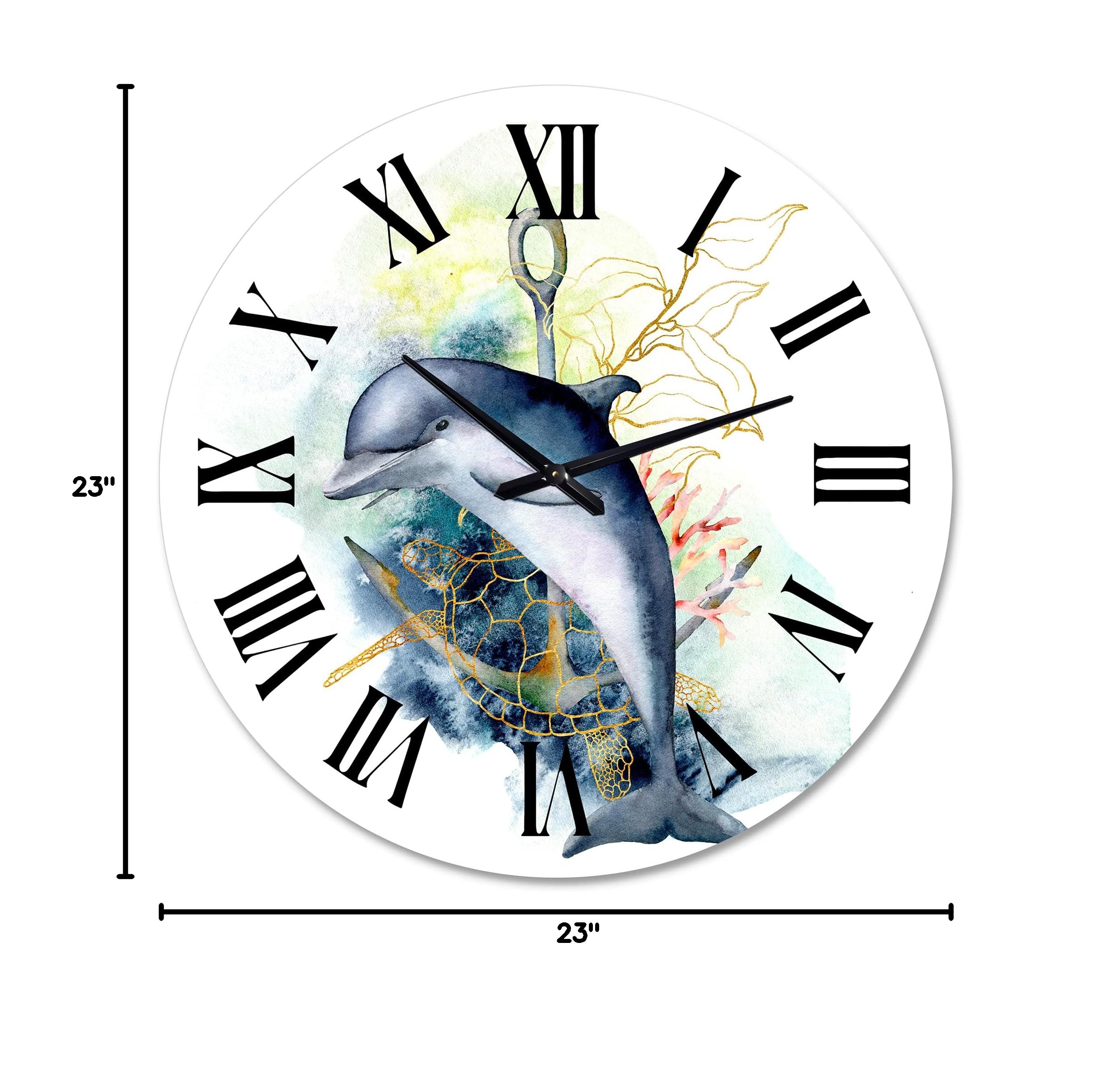 DesignQ Nautical Coastal Wall Clock with Dolphin, Turtle & Coral Reef Design - Large Decorative Clock for Bedroom, Living Room & Office | Perfect for Beach House Decor & Coastal Theme Interiors