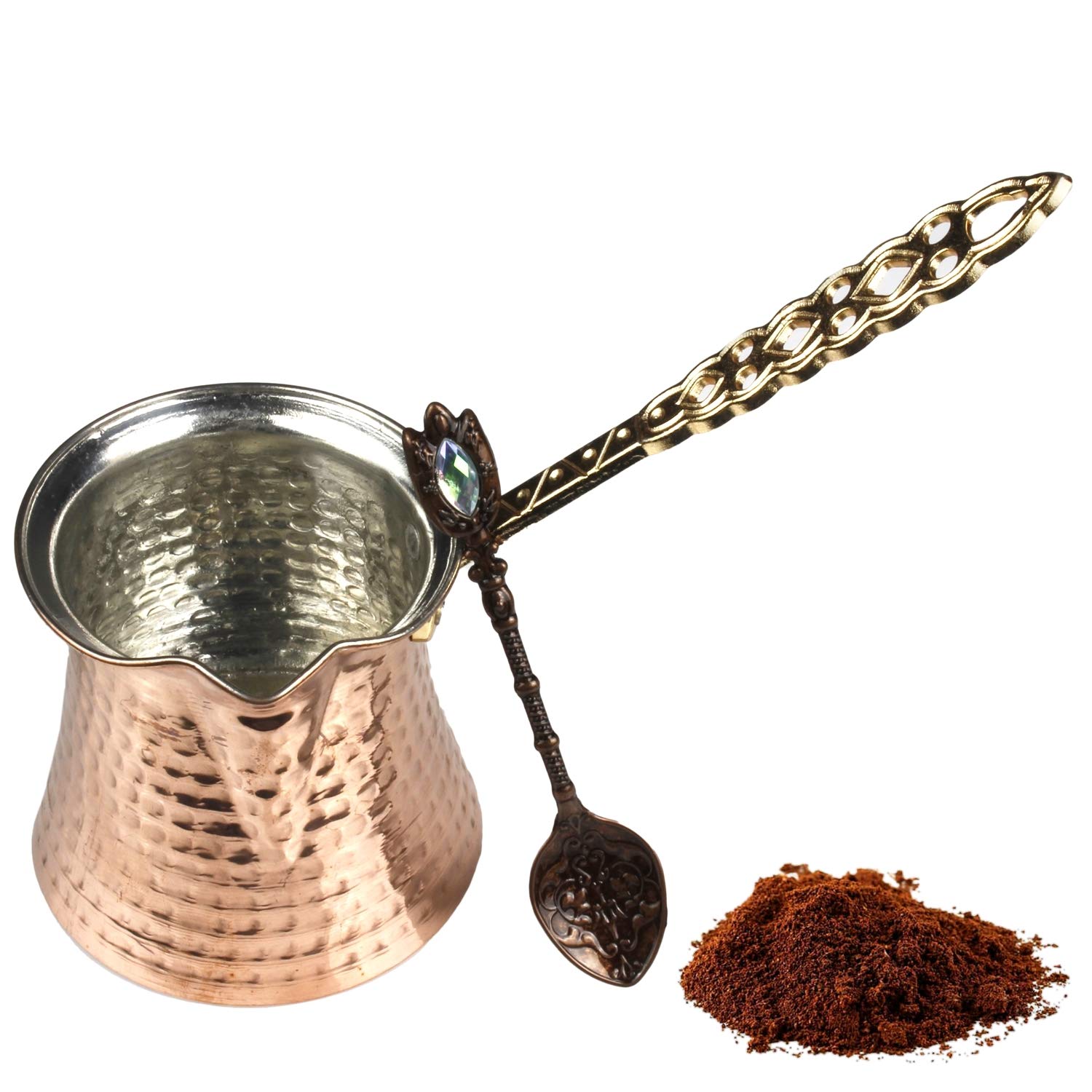 Authentic Turkish Coffee Pot & Copper Spoon Set - 9 Oz Thick 2mm Antique Copper Cezve with Sturdy Copper Handle - Traditional Stovetop Coffee Maker for 3 People - Perfect for Home Brewing, Gifts & Turkish Coffee Ceremonies