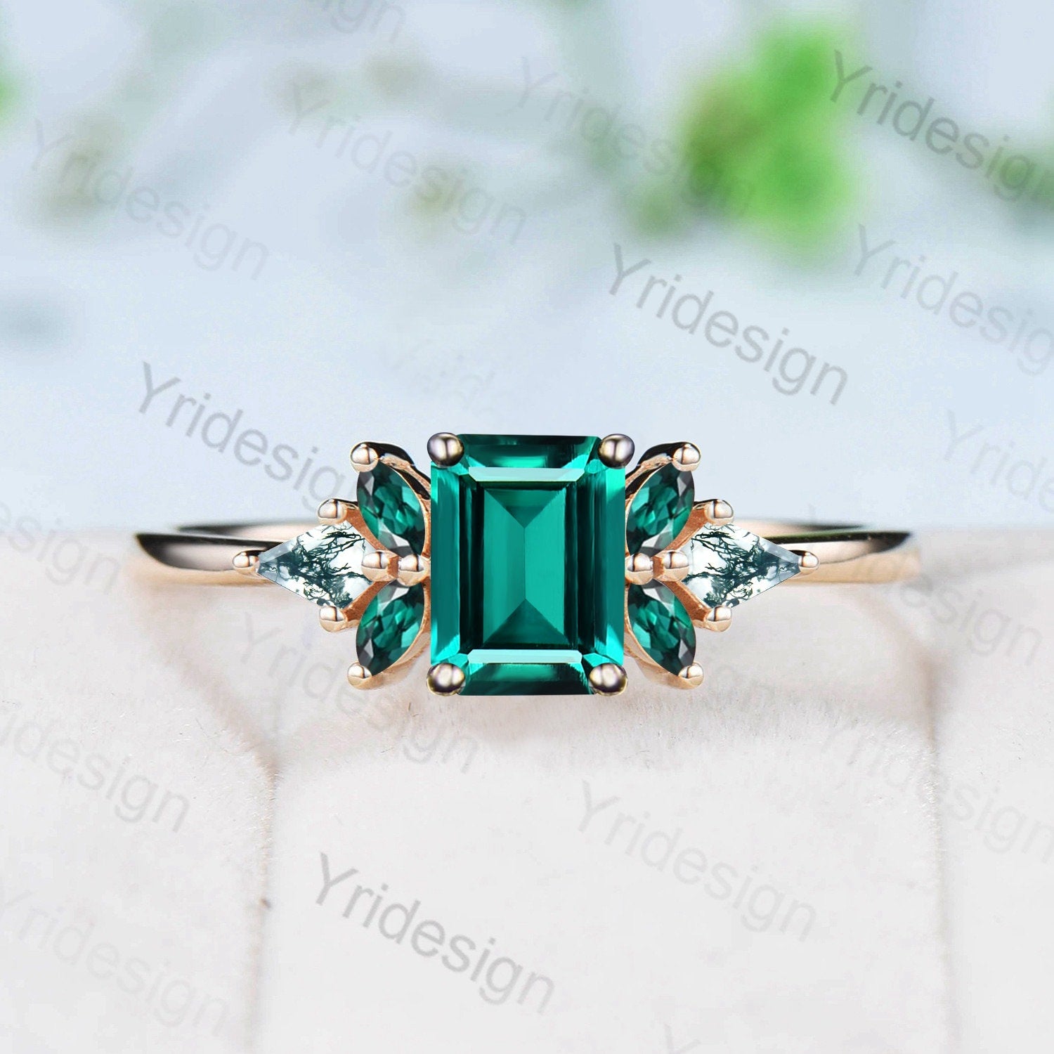 2 Carat Emerald Cut Vintage Style Engagement Ring with Moss Agate - Unique March Birthstone Wedding Band for Women | Perfect for Proposals, Anniversaries & Special Occasions