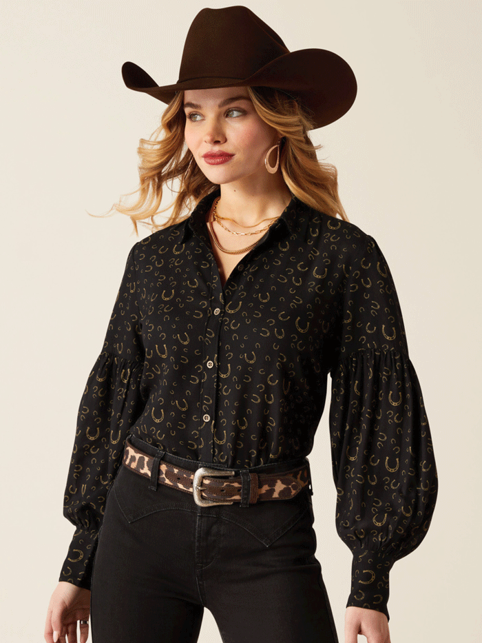 Ariat Women's Blinged Out Top with Golden Horseshoes Print - Stylish Black Western Shirt for Cowgirl Fashion & Rodeo Events