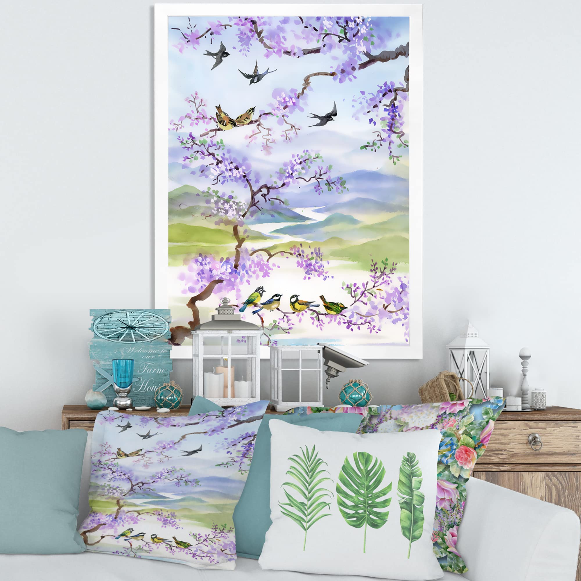 DesignQ Traditional Framed Wall Art - Cherry Blossom Birds Painting, Home Decor for Living Room, Bedroom & Office