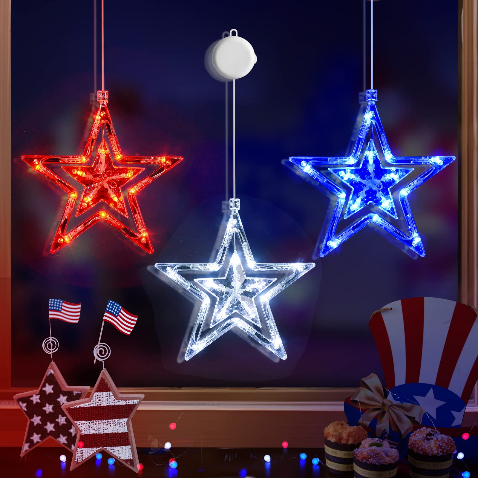 LOLStar 4th of July Patriotic Decorations - 3 Pack Red White Blue LED Window Lights with Timer & Slow Fade Mode | Battery Operated Indoor Star Lights for Independence Day, Memorial Day, Veterans Day | Perfect for Home, Party, and Holiday Decorations
