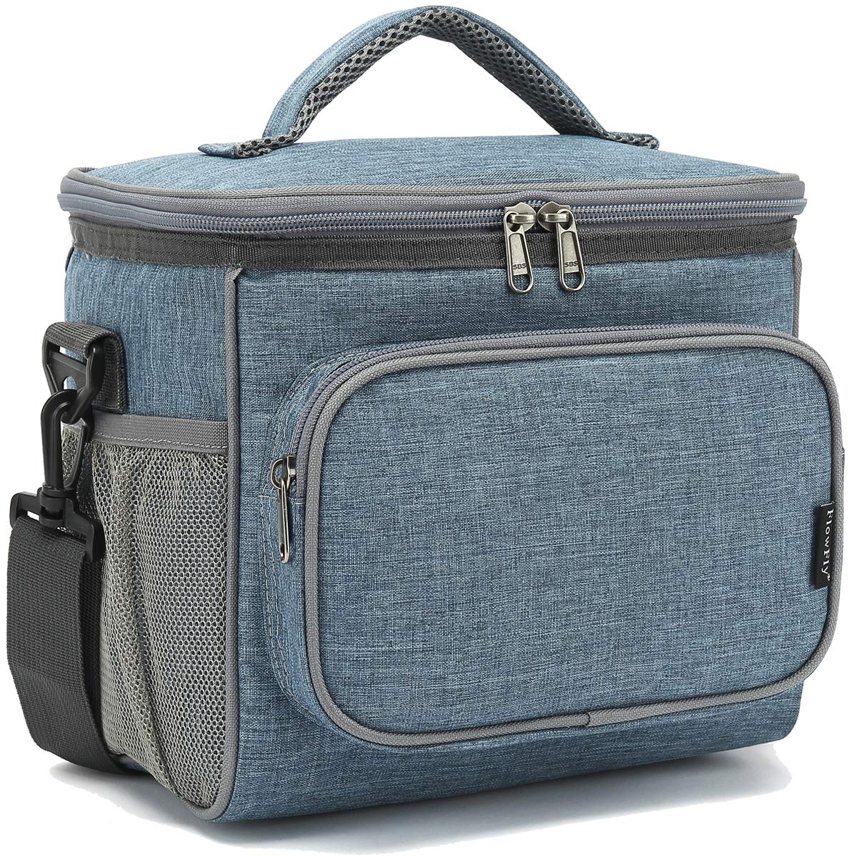 FlowFly Insulated Reusable Lunch Bag for Adults - Large Lunch Box with Adjustable Shoulder Strap, Front Zipper Pocket & Dual Mesh Side Pockets - Perfect for Work, School, Picnics & Outdoor Activities - Navy Blue