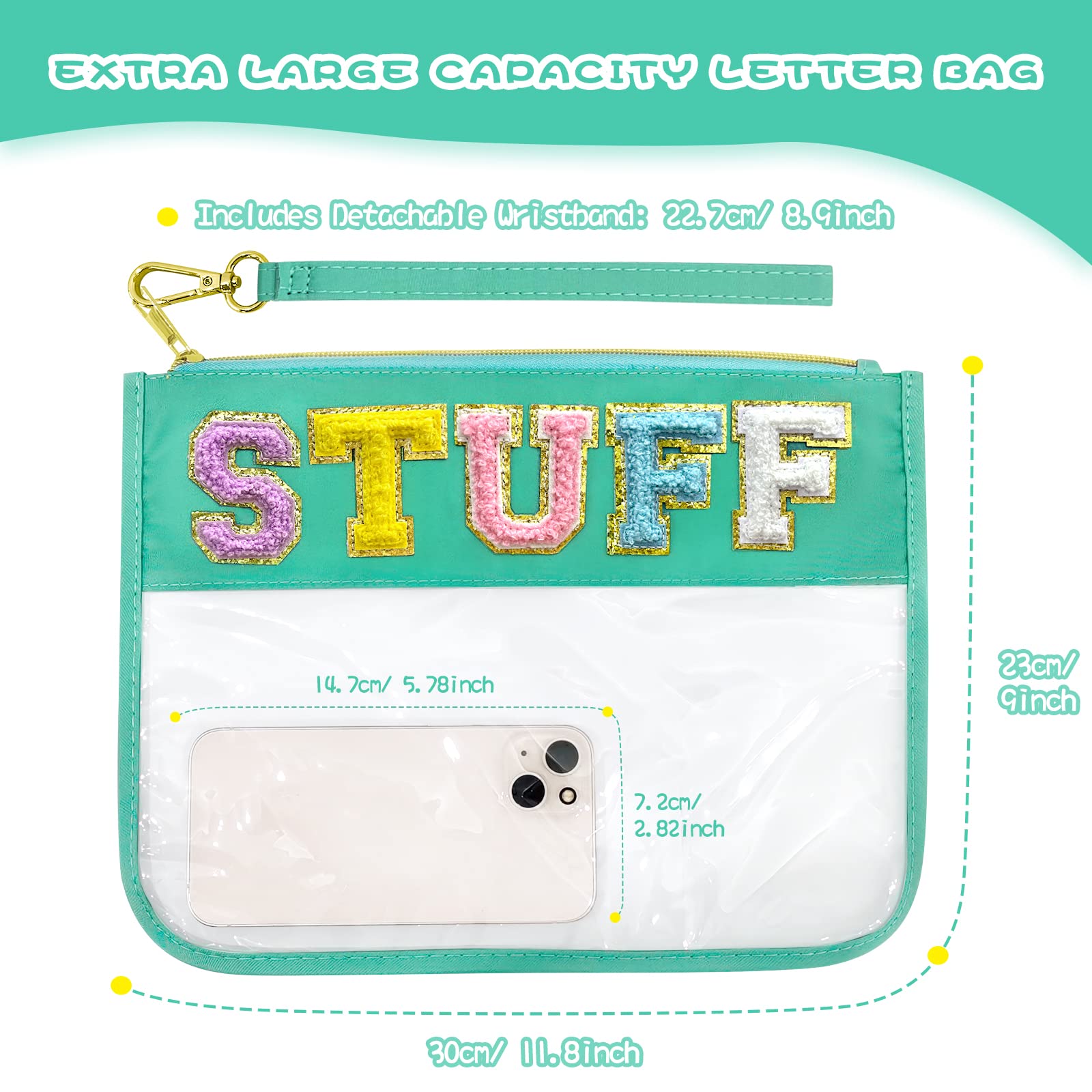LSxia Chenille Letter Clear Travel Zipper Pouch - Waterproof Nylon Makeup Bag for Women & Girls | Preppy Cosmetic & Toiletry Organizer | Perfect for Travel, Gym, School & Daily Use (Green-Stuff)