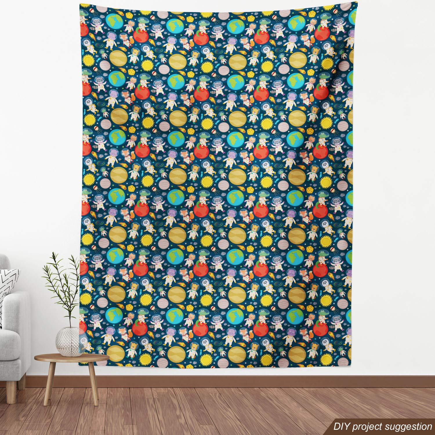 Ambesonne Space Fabric by The Yard - Funny Astronauts Flying in Cosmic Outer Space with Planets - Decorative Upholstery Fabric for Sofa, Curtains & Home Decor - 10 Yards Blue Purple - Perfect for DIY Projects, Space-Themed Rooms & Sci-Fi Decorations