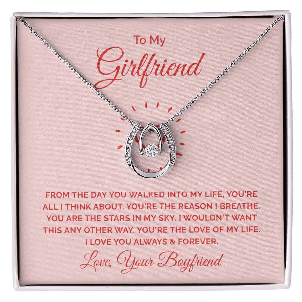 Lucky in Love Necklace for Girlfriend - White Gold Cubic Zirconia Pendant - Romantic Gift from Boyfriend - Perfect for Anniversaries, Valentine's Day & Special Occasions
