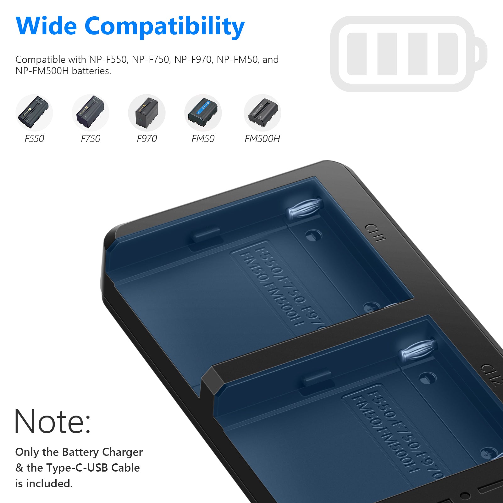 NEEWER Dual USB Battery Charger for Sony NP-F Series - Fast Charging for Sony Cameras, Camcorders, and DSLRs - Perfect for Photography, Videography, and Travel