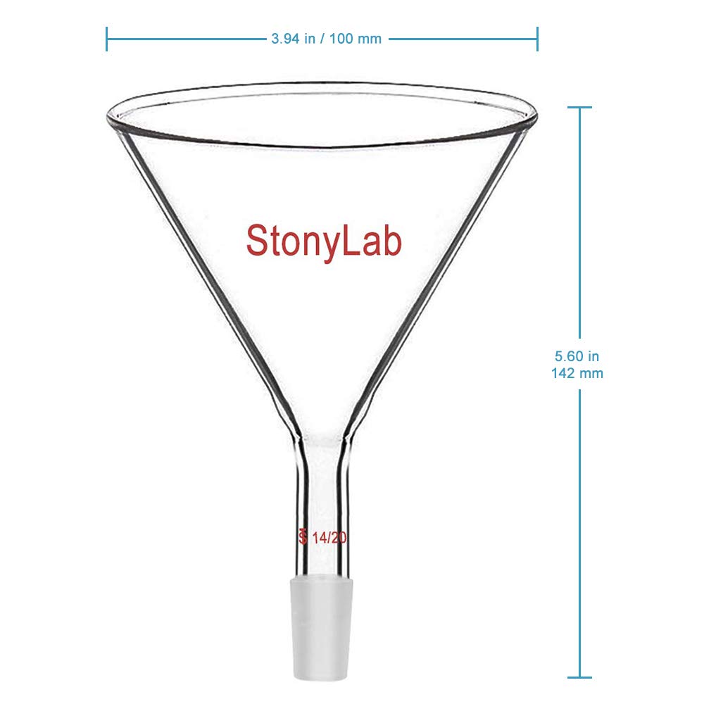 StonyLab 100mm Glass Short Stem Powder Funnel with 14/20 Inner Joint - Premium Filter Funnel for Chemistry Labs, Home Brewing & Essential Oil Distilling