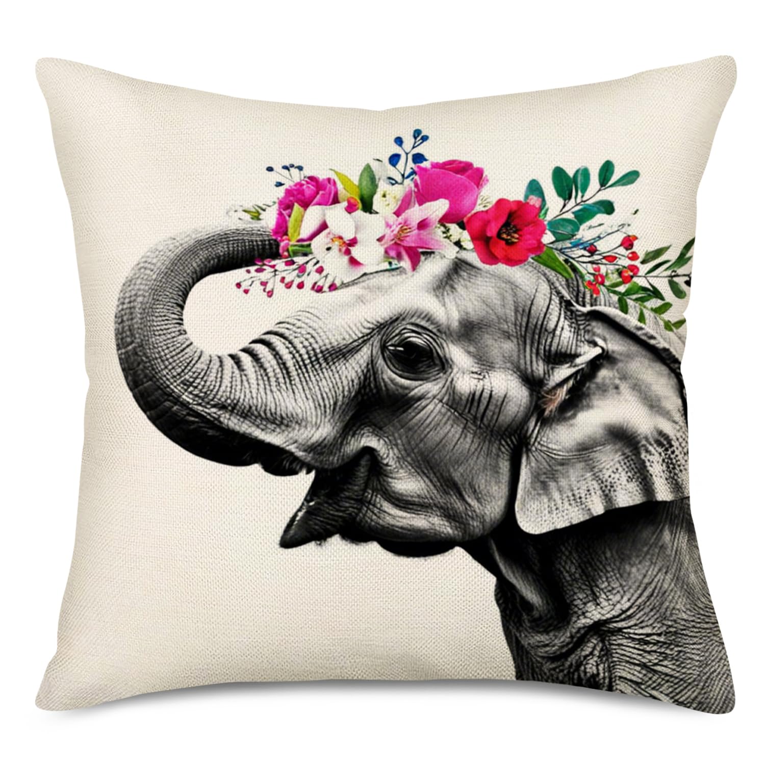 ASMINIFOR 18x18 Inch Cotton Linen Elephant Pillow Covers - Funny Elephant Head Wreath Design Decorative Throw Pillow Case for Living Room, Bedroom & Nursery Decor