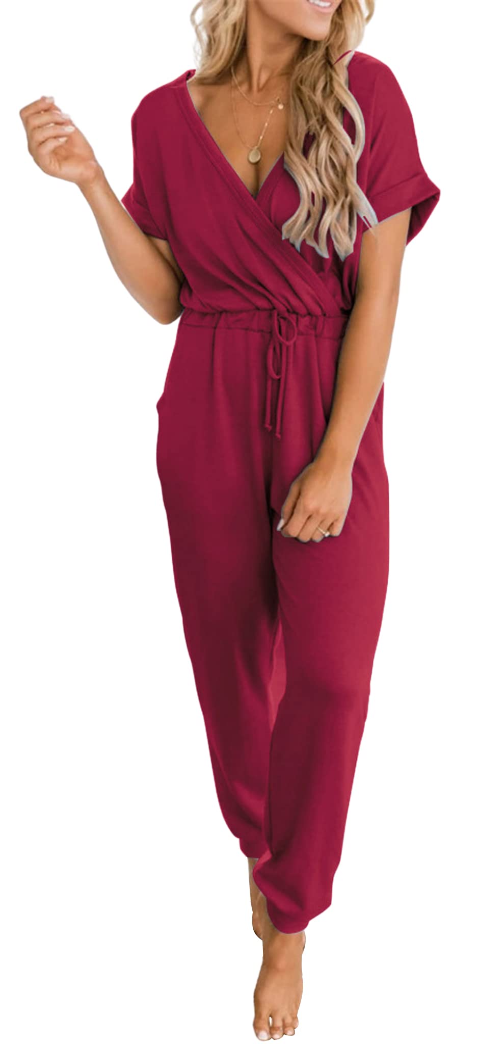 CHARTOU Women's Summer Casual V-Neck Lounge Jumpsuit - Short Sleeve Romper with Pockets | Perfect for Beach Vacation, Yoga, and Home Relaxation