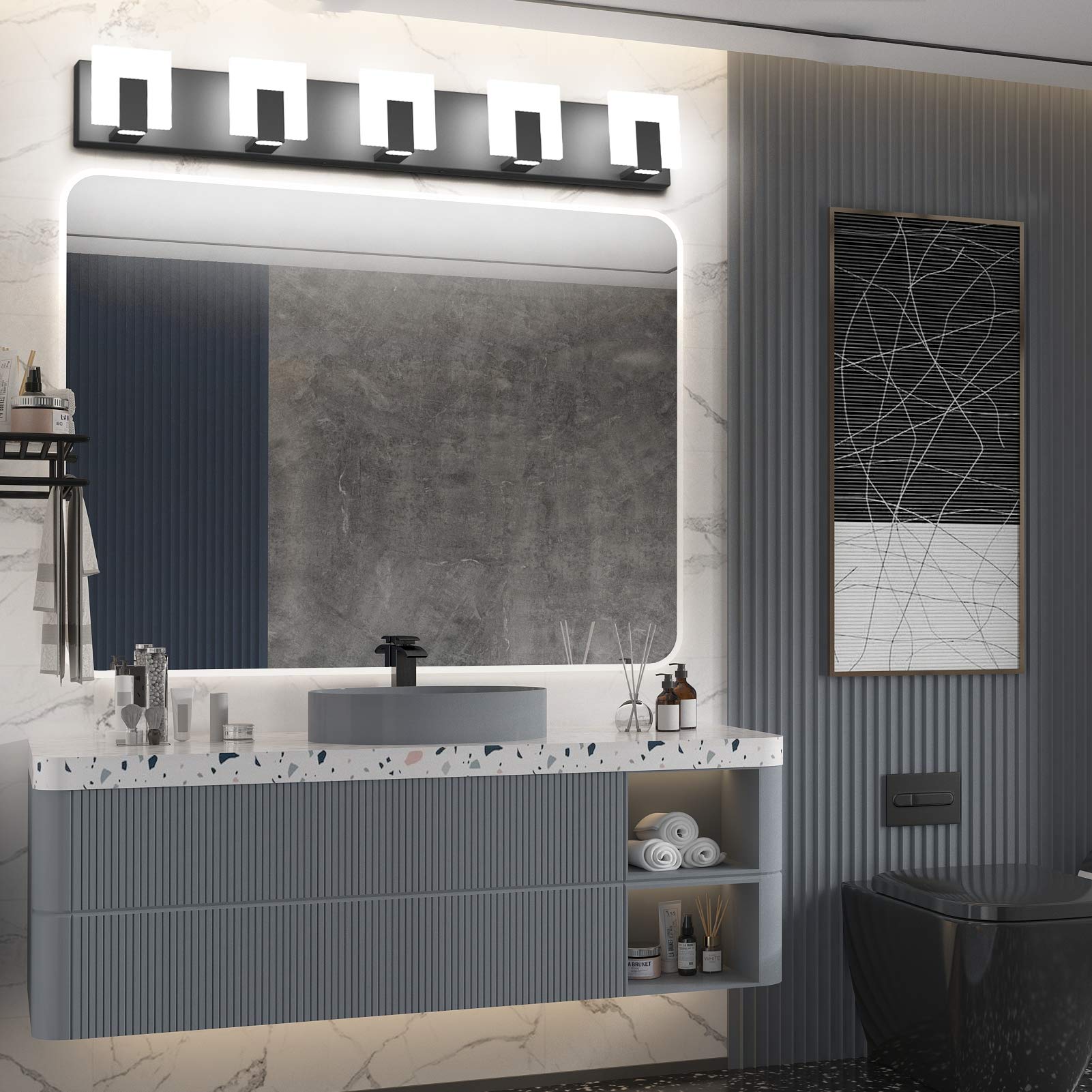 Aipsun 5-Light Modern Black Vanity Light Fixture - Up & Down LED Bathroom Wall Light for Mirror (6000K Cool White) - Perfect for Bathroom, Dressing Room & Makeup Area Lighting