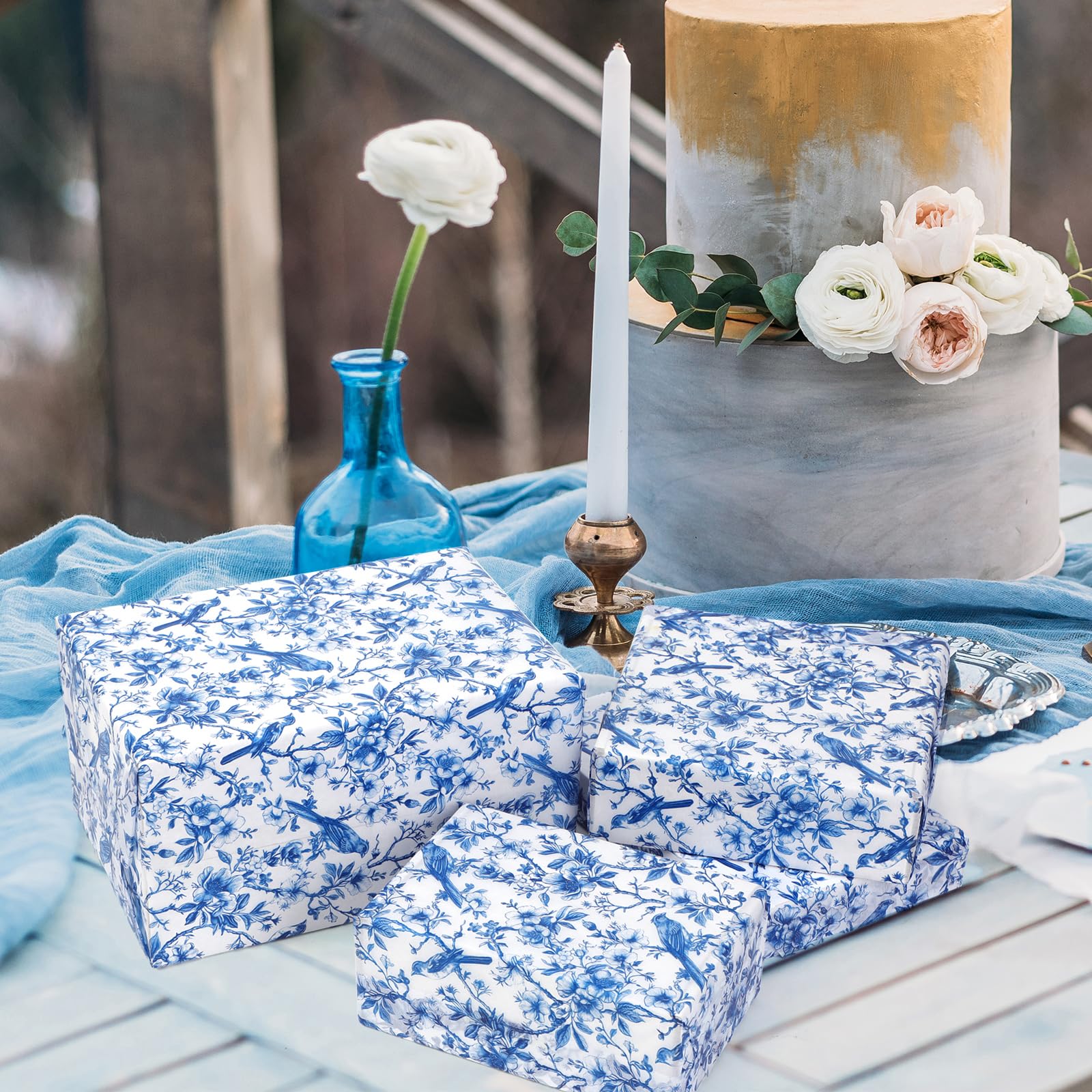 100 Sheets Blue Floral Bird Tissue Paper - 20