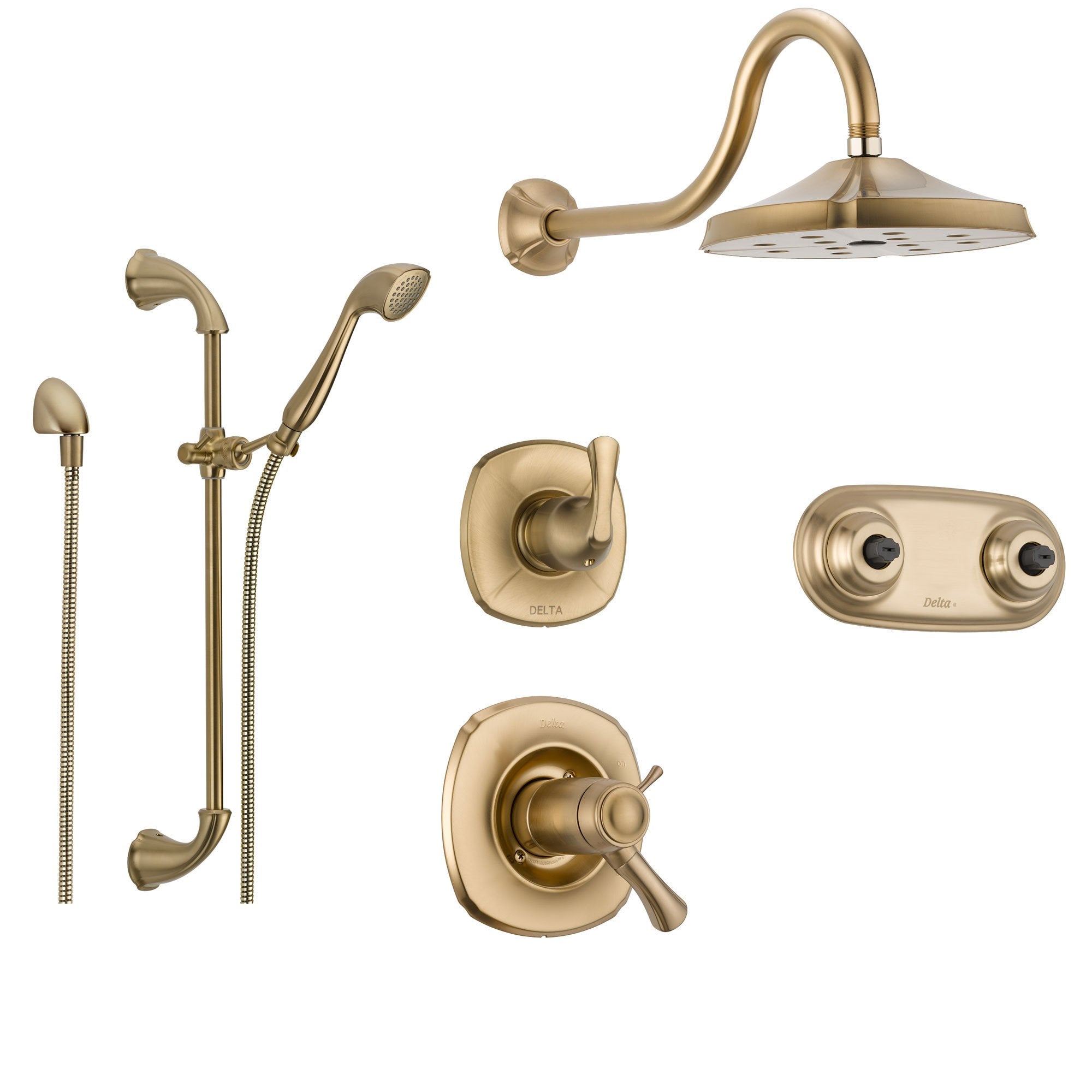Delta Addison Champagne Bronze Thermostatic Shower System - 6-Setting Diverter, Rainfall Showerhead, Handheld Shower & Dual Body Sprays (SS17T9295CZ) for Luxury Bathroom Upgrade & Spa-Like Experience