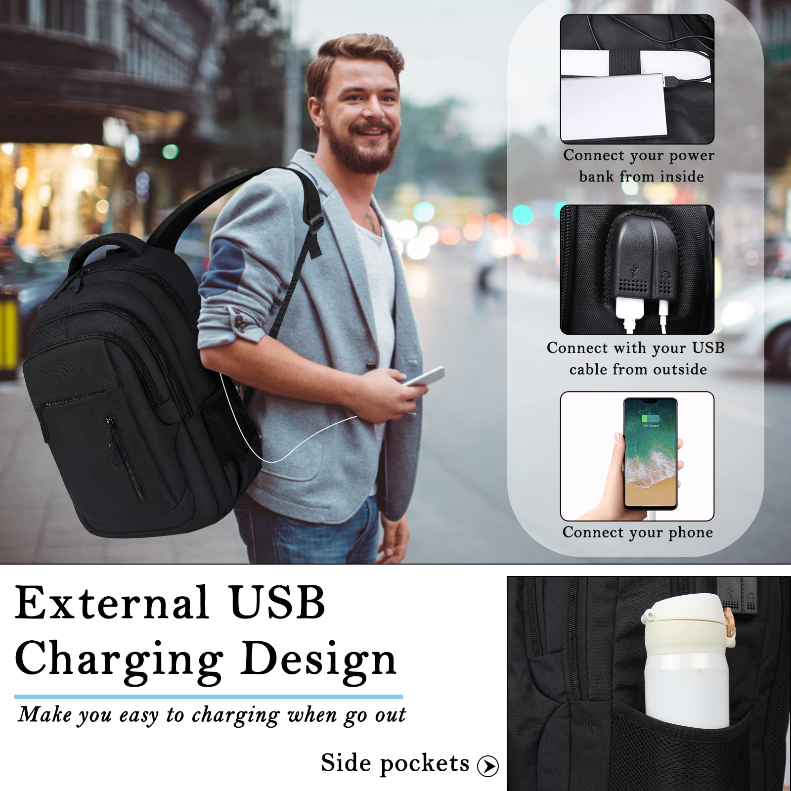 17.3 Inch Laptop Backpack with USB Charging Port - Waterproof Large Travel Backpack for Men & Women - Business, School & College Backpack - Perfect for Work, Commuting & Airplane Carry-On - Dark Black