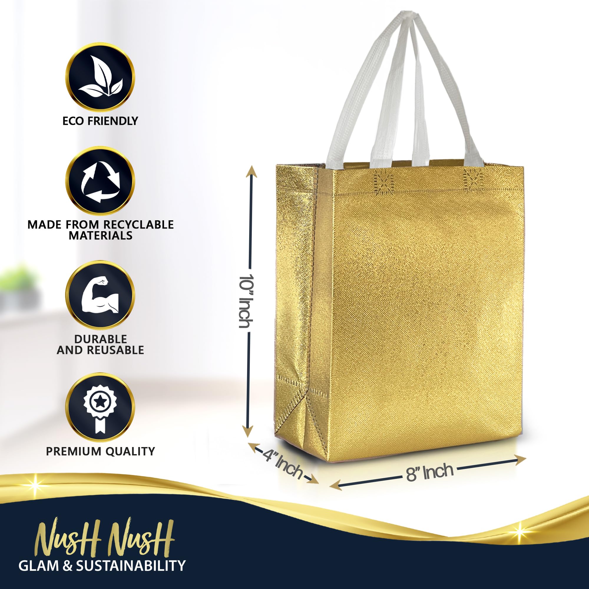 Nush Nush Bulk Gold Gift Bags with Handles - Set of 12 Reusable Medium Gift Bags (8x4x10 Inches) - Perfect for Christmas, Birthdays, Party Favors & Goodie Bags - Elegant Gift Packaging for Weddings, Baby Showers & Corporate Events