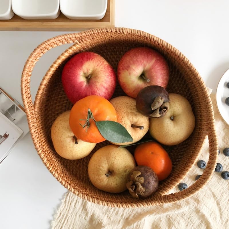 Handwoven Rattan Storage Basket with Handles - Set of 2 for Fruit, Bread & Home Organization | Perfect for Kitchen, Dining Room & Farmhouse Decor