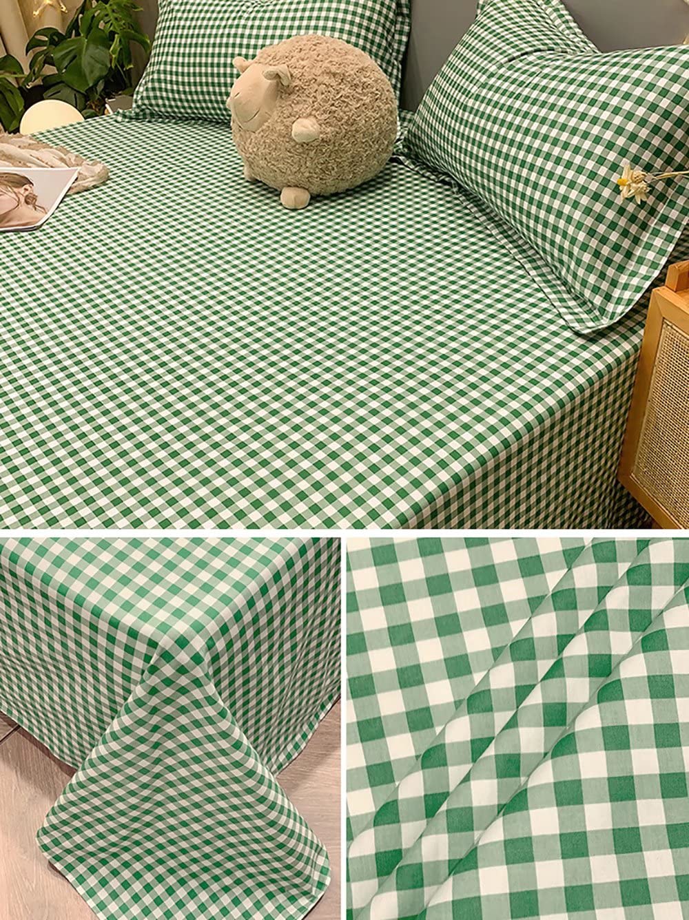 Premium Houseri Green and White Buffalo Plaid Queen Flat Sheet - 1 Piece Grid Gingham Bed Sheet for Queen Size (No Pillowcases) - Perfect for Farmhouse, Rustic & Cozy Bedroom Decor