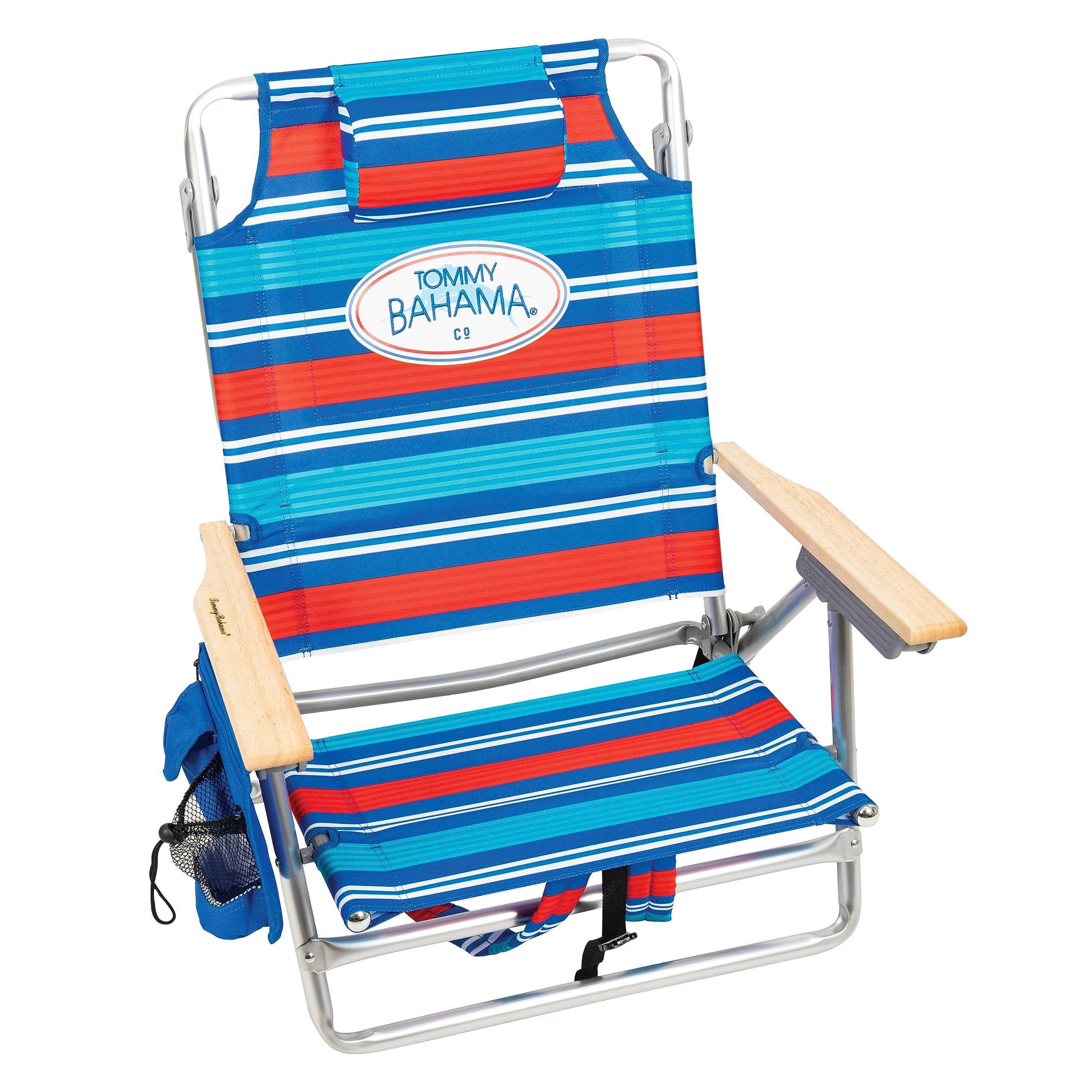 Tommy Bahama 2-Pack 5-Position Reclining Beach Chairs with Built-in Cooler, Storage Pouch & Towel Bar - Red White Blue Stripe | Perfect for Poolside Relaxation, Backyard Lounging & Beach Vacations