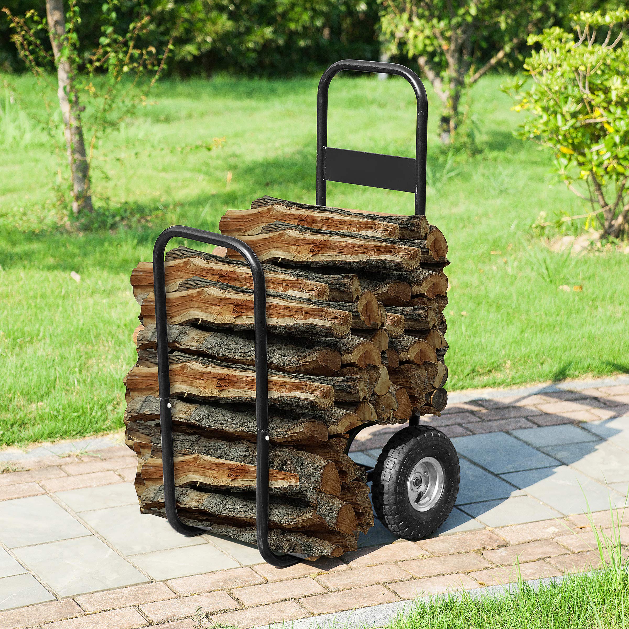 Earth Worth Heavy-Duty Firewood Carrier Cart - 2-Wheel Rolling Log Storage Rack with Steel Frame - Wood Hauler for Fireplace, Camping & Outdoor Use (Black)