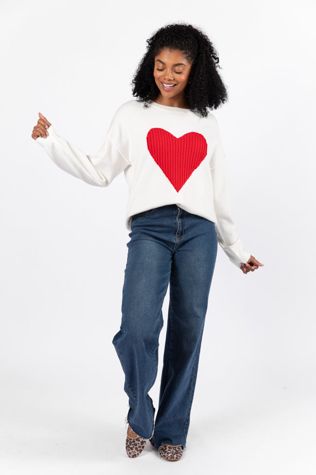 Heart Cable Knit Sweater in Ivory & Red - Cozy Winter Pullover for Women | Perfect for Christmas, Valentine's Day & Casual Outfits