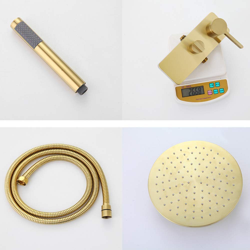 10 Inch Brushed Gold Rain Mixer Shower Combo Set - Wall Mounted Exposed Bathroom Shower Faucet with Brass Rainfall Shower Head, Handheld Shower & Tub Spout - Perfect for Modern Bathroom Renovation & Spa-Like Shower Experience