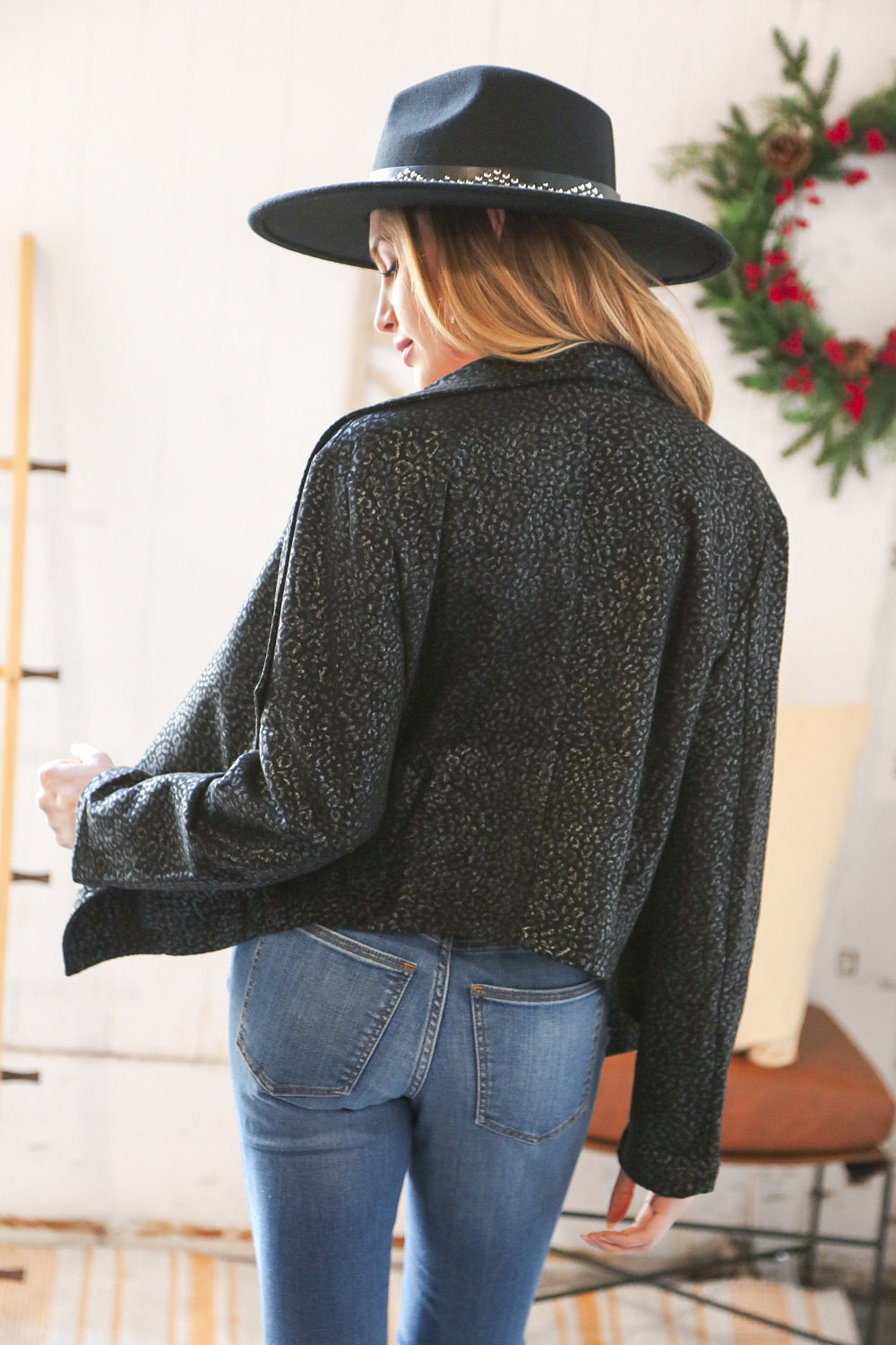 Black Matte Foiled Cheetah Print Blazer Jacket for Women - Holiday Party Outfit, Office Wear & Special Occasions