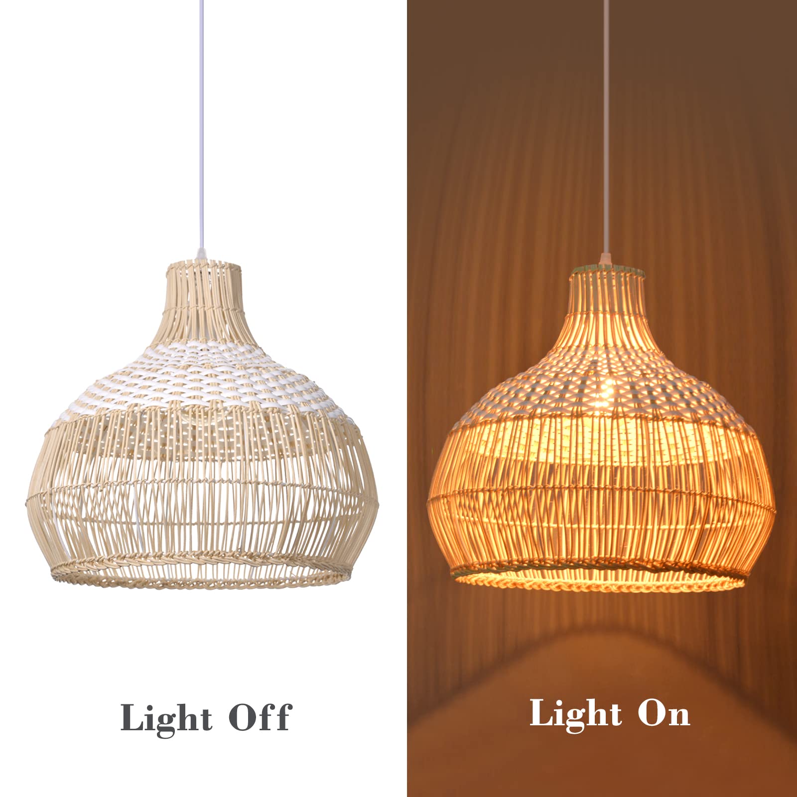 Arturesthome 1 Light White Handwoven Rattan Boho Pendant Light - Wicker Hanging Ceiling Chandelier with Handmade Woven Basket Shade - Perfect for Kitchen Island, Dining Room & Boho Home Decor